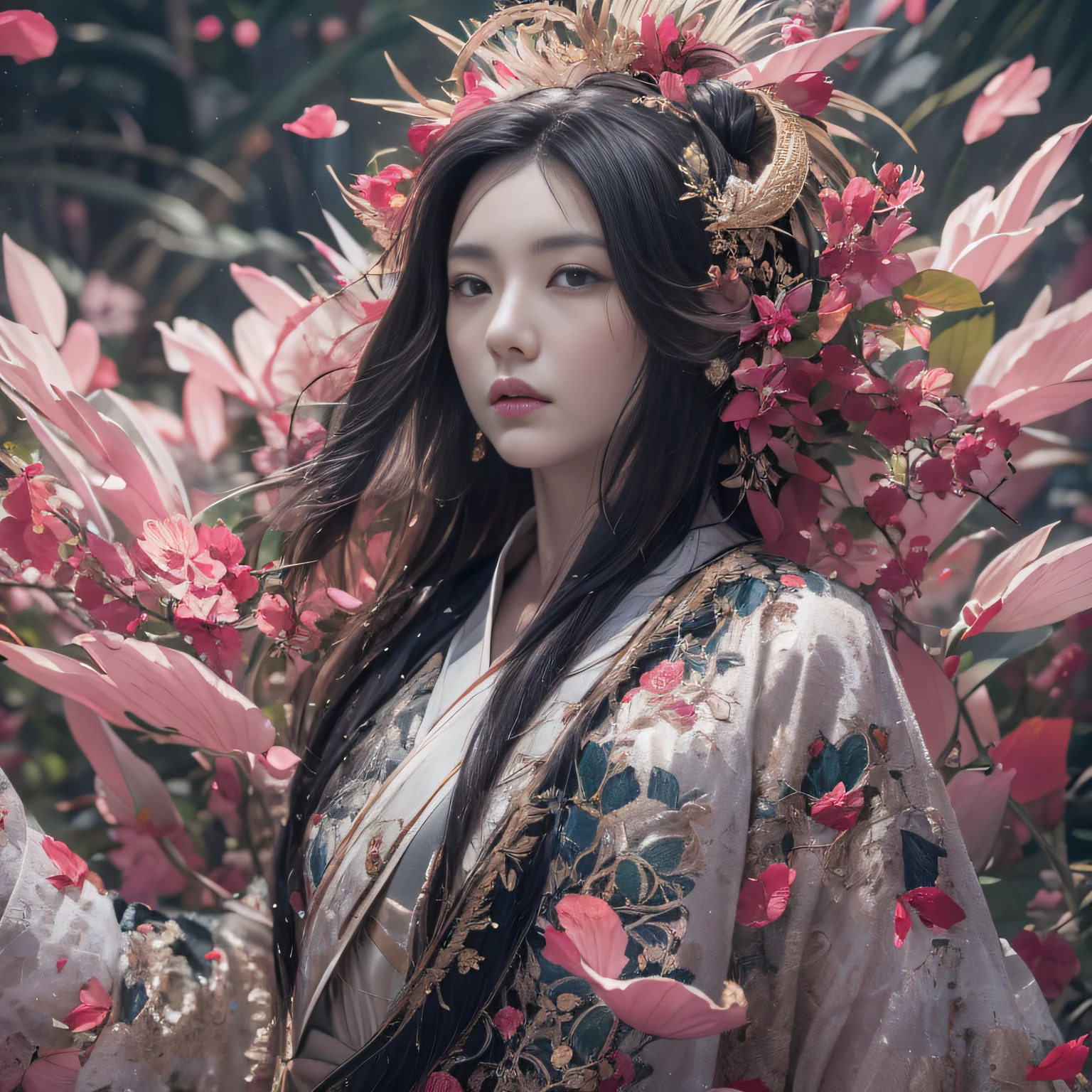 32K（tmasterpiece，k hd，hyper HD，32K），Long flowing black hair，Autumn pond ，Blue and white python protector （realisticlying：1.4），Carp pattern red robe，Purple-pink tiara，Petals flutter，The background is pure，Hold your head high，Be proud，The nostrils look at people， A high resolution， the detail， RAW photogr， Sharp Re， Nikon D850 Film Stock Photo by Jefferies Lee 4 Kodak Portra 400 Camera F1.6 shots, Rich colors, ultra-realistic vivid textures, Dramatic lighting, Unreal Engine Art Station Trend, cinestir 800，Hold your head high，Be proud，The nostrils look at people