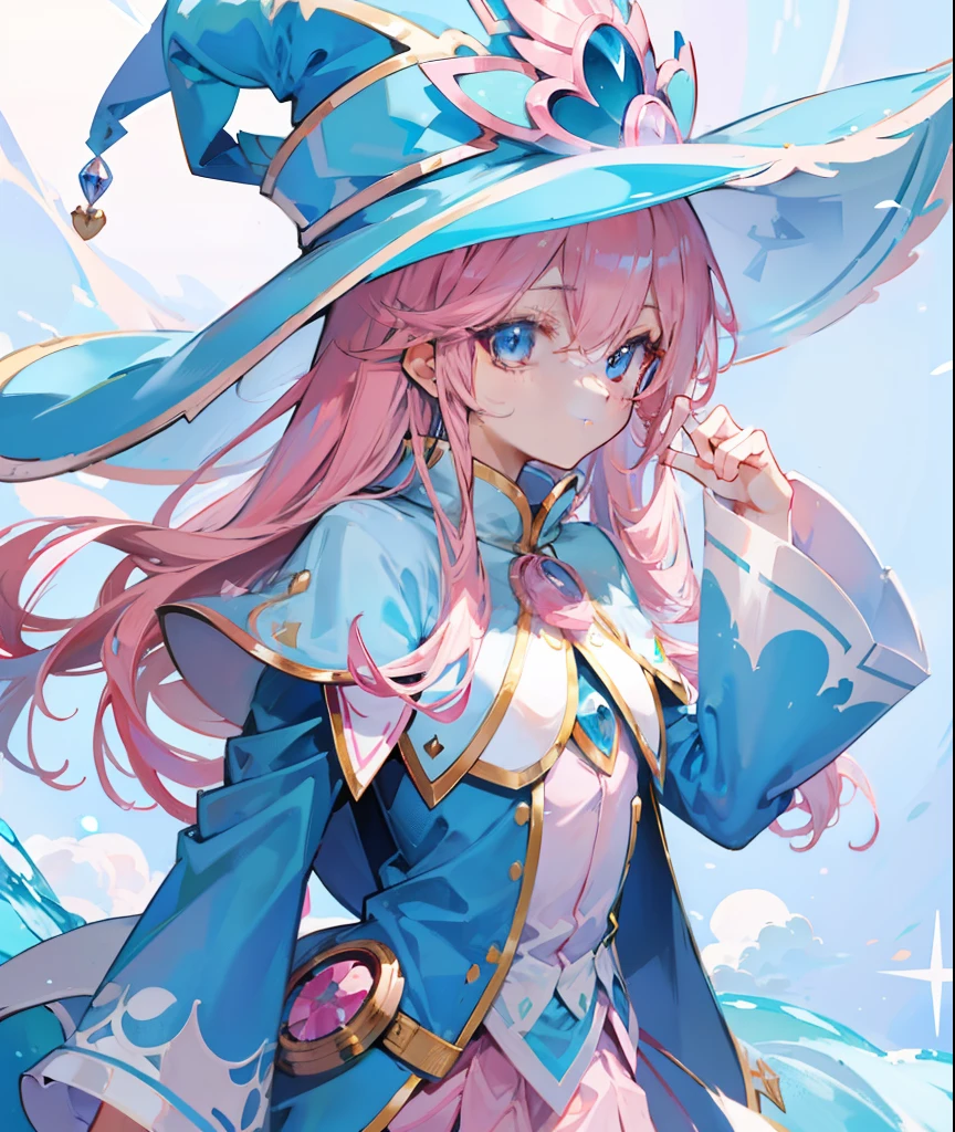 long light pink hair,Light sky blue magician hat,Light sky blue and light pink、Paired with a white magician suit,A cute and cute sweet girl