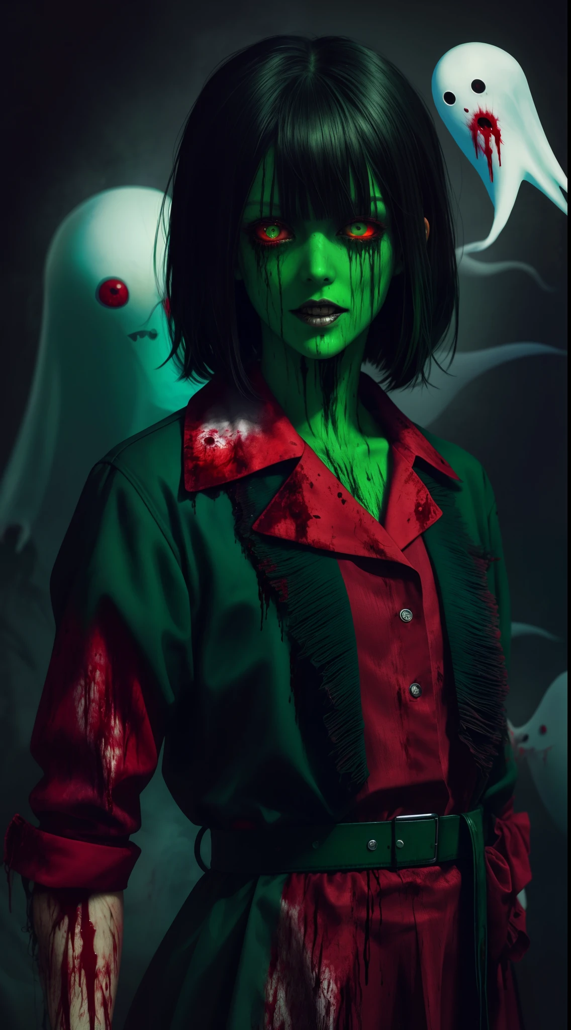 (masterpiece, best quality:1.2), cover image, splashed color background, highly detailed, colorful black, 1 girl, long silver hair, red eyes, blood on eye, head in the hand, short hair, blunt bangs, mannequin, cool face, ((( green sexy ghost))), illustration, horror art, dread, creepy, blood, blood eyes, gore, opened mouth, blood in mouth,