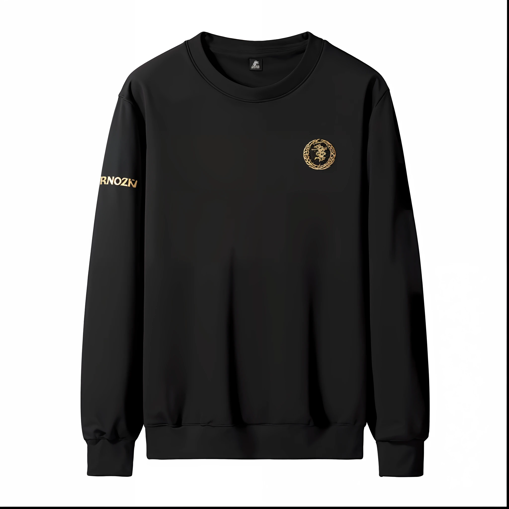Black sweatshirt,The gold logo is stamped on the chest, A huge gold dragon pattern is designed in the middle,dragon breathing fire,black main color, Official product image, Black clothing, casual black clothing, nanquan, red gold black, (Digital art), Ancient sword, with a black dark background, black and gold rich color, High quality texture, black color, inspired by Gu An, ruanjia