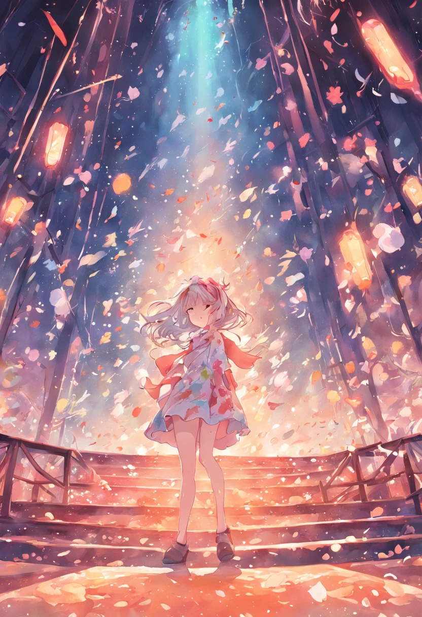 pastelcolor:1.3)、(cute illustration:1.3)、 Detailed background、beautiful with detail、moya、extremely colorful、marbled、Particles of Light、patterns、 Detailed drawing、Vibrant colors、Striking contrast、intricately details、Delicate depiction、glowing、 Illuminated by the morning light, (Dynamic Angle, shot from afar, Wide shot, in a panoramic view, Magnificent view:1.25)、 「That summer」If you call it, You will remember and start wearing a collar every summer