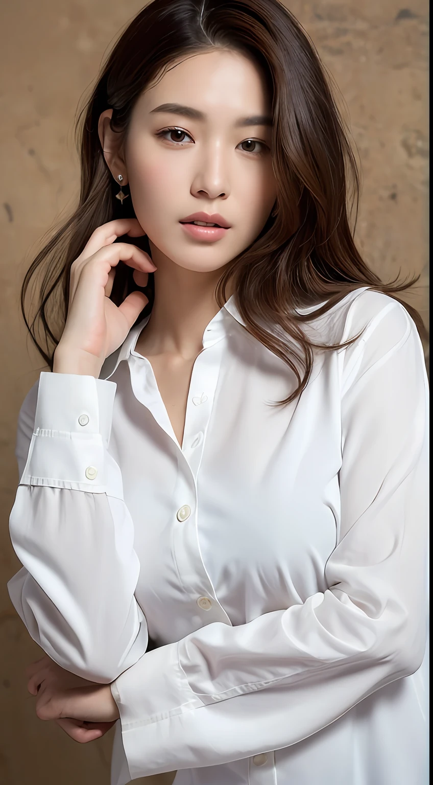 ((top-quality、8K、masterpiece:1.3))、Crisp focus:1.2、Beautiful Women in Perfect Style:1.4、The horizontal full body is displayed1.2、full body1.2((dark brown hair、Colossal tits:1.2))、(White button shirt:1.1)、Marble background:1.2、stright long hair、Highly detailed facial and skin texture、A detailed eye、二重まぶた、Take a full-body photo of you。Secure the camera、Position yourself so that you can see your whole body clearly.。It's also important to make sure your face is clearly visible.。Try to shoot in as natural a pose as possible。
