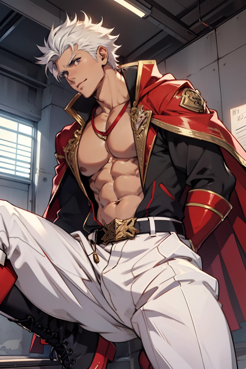 Highest image quality,male people,child,1 boy,Young and handsome,shoun,White color hair,Short flat top hair,Dark skin,anime big breast,anime wallpaper,Solo,malefocus,Briefs,Dilation of the pectoral muscles,Red cape,Bulging crotch,Urban background,spread their legs,Sexy,(Masterpiece, Best quality),Long white socks,Red Martin boots,