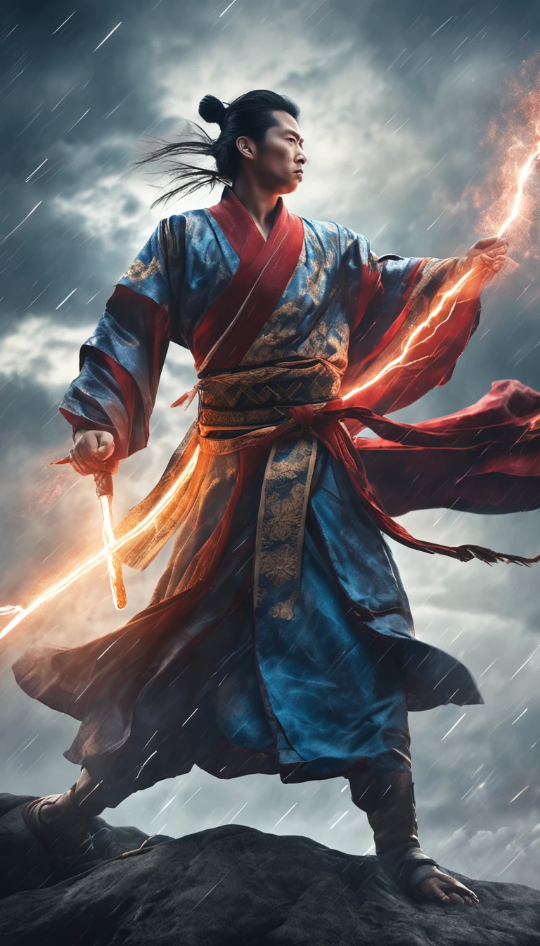"((Best quality)), ((Masterpiece)), (Dramatic), A portrait of a young practitioner who transcends tribulation, (Chinese fantasy:1.3), Dressed in flowing robes, (holdingsword:1.2), Thunder and lightning hovered overhead, (Stormy sky:1.1), Electricity dances over the clouds, (determined expression:1.2), Raise your sword and get ready, (powerful posture:1.3), (Cinematic composition:1.1), (8K resolution:1.0)"