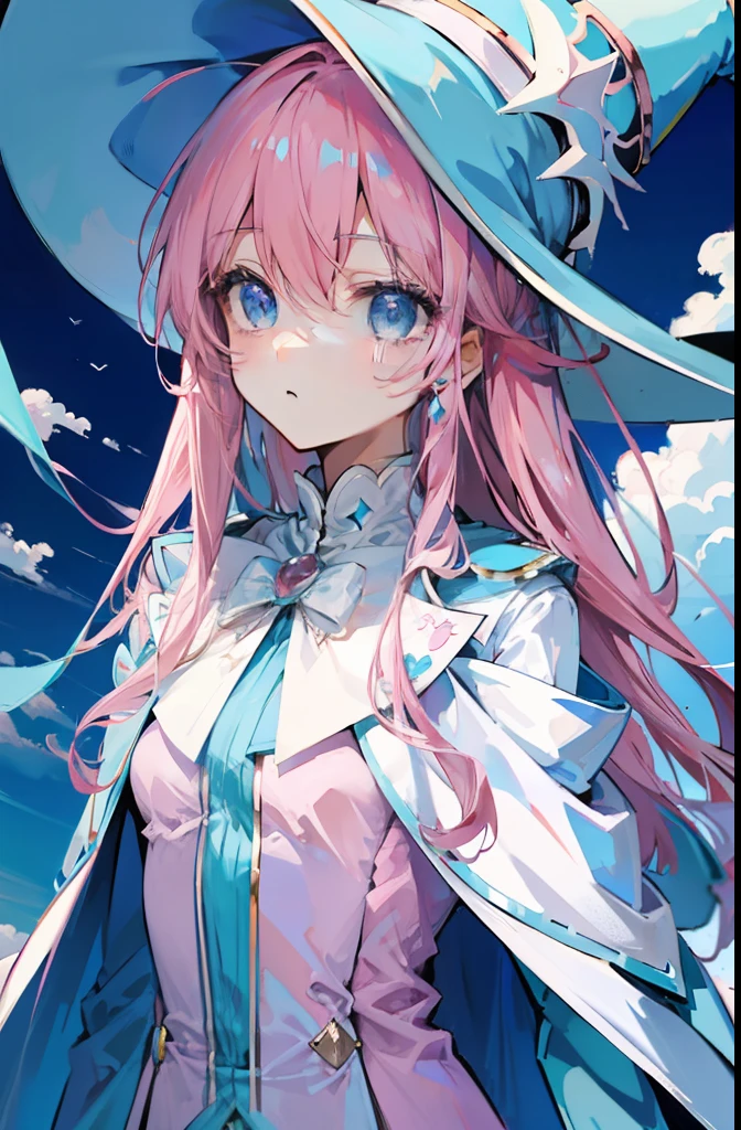 long light pink hair，Light sky blue magician hat，Light sky blue and light pink、Paired with a white magician suit，A cute sweet girl