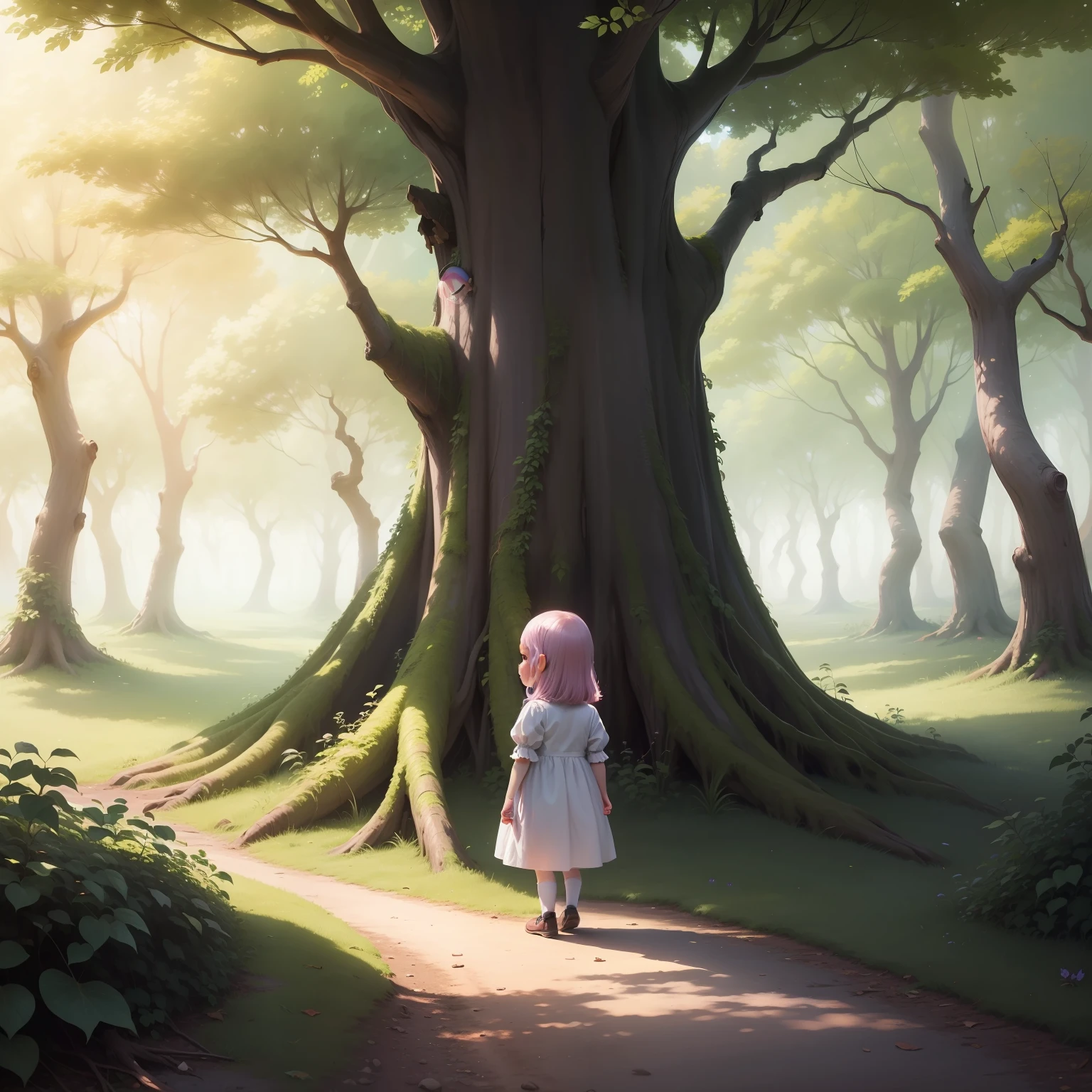 Um coelhinho branquinho e fofo em um bosque distante, Lilac-haired  girl is far away, em uma imagem meiga e encantadora, Create a beautiful illustration."