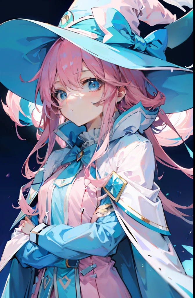 long light pink hair,Light sky blue magician hat,Light sky blue and light pink、Paired with a white magician suit,A cute sweet girl