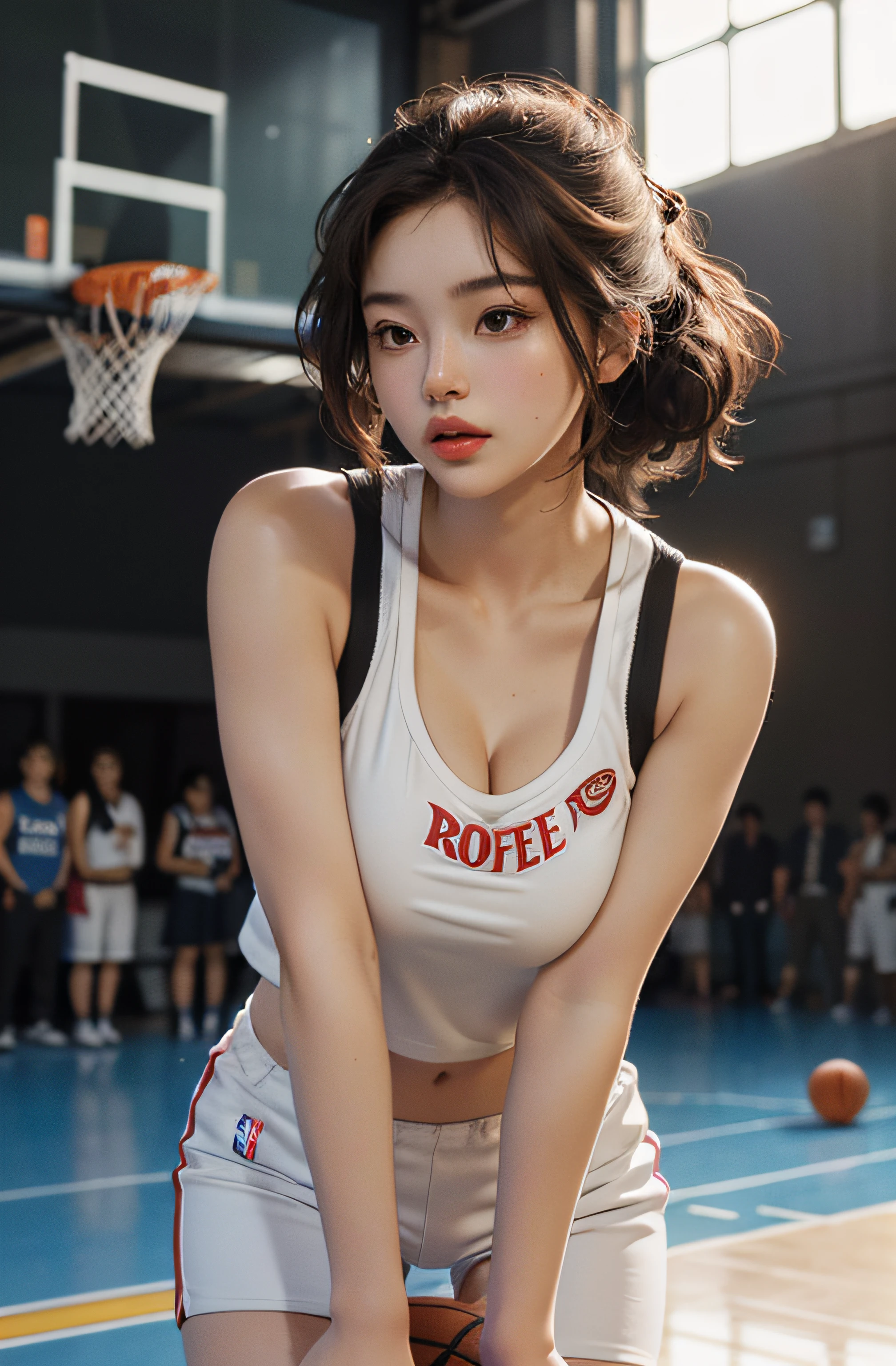 (RAW photo, 4k, masterpiece, high resolution, extremely complex) (realistic: 1.4), cinematic lighting Delicate girl with facial features
1 Girl, Single Focus, Summer Noon, Hot, 1990s\(Style\), Skin White, (Big Breast, Cleavage), (Best Quality), (Highres), (An Extremely Delicate and Beautiful),,(Beautiful 8k face),(Brown Eyes),(ulzzang-6500:1.0),(solo),( looking side),(spectators),(large breasts),(NBA),bent over,,lookside,(side), ,(Basketball sportswear),((Play basketball)),((gymnasium)),((speed)),(reality),