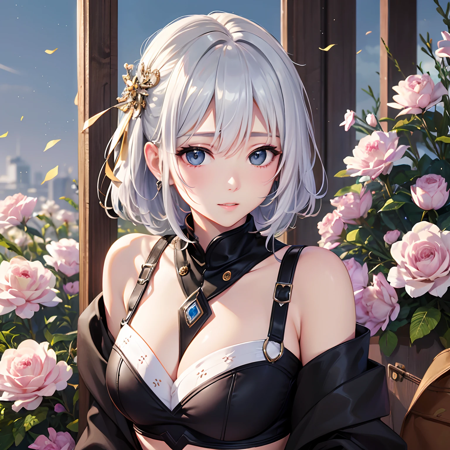 (Masterpiece:1.4), (best quality:1.2), <lora:Battle_Bunny_Riven_LOL-000016:1>, battle bunny riven, 1girl, strapless leotard, pantyhose, rabbit ears, folded ponytail, white hair, outdoors, landscape, upper body