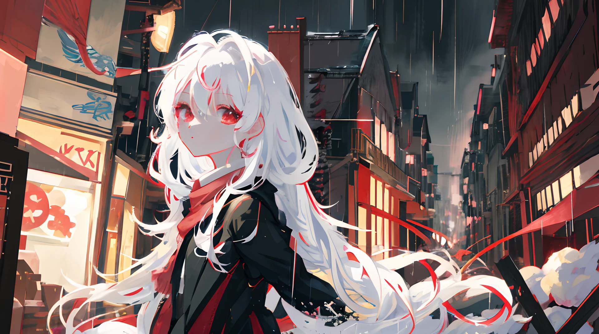 Anime girl walking in rain with white hair and red eyes, style of anime4 K, Anime art wallpaper 8 K, Anime art wallpaper 4k, Anime art wallpaper 4 K, Best anime 4k konachan wallpaper, 4K anime wallpaper, Anime wallpaper 4 k, Anime wallpaper 4K, Girl with white hair, Anime style illustration