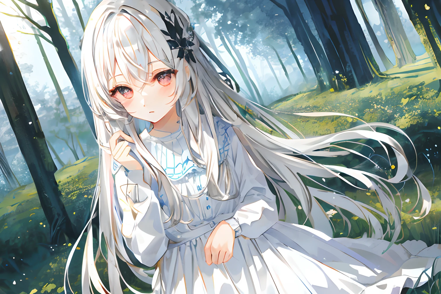 （（tmasterpiece，best qualtiy））++， detailedlight+， Detail hair+， Detail hands+ ，1girll， woman， long whitr hair， Dark red eyes， beautidful eyes， Young gray hair，，，（Beautiful white hair：1.5），（beatiful detailed eyes），  A high resolution+，white pajama，white  skirt，Glass tones，Reflective eyes，Very detailed wallpaper，primitive，naturey，grassy fields，ln the forest