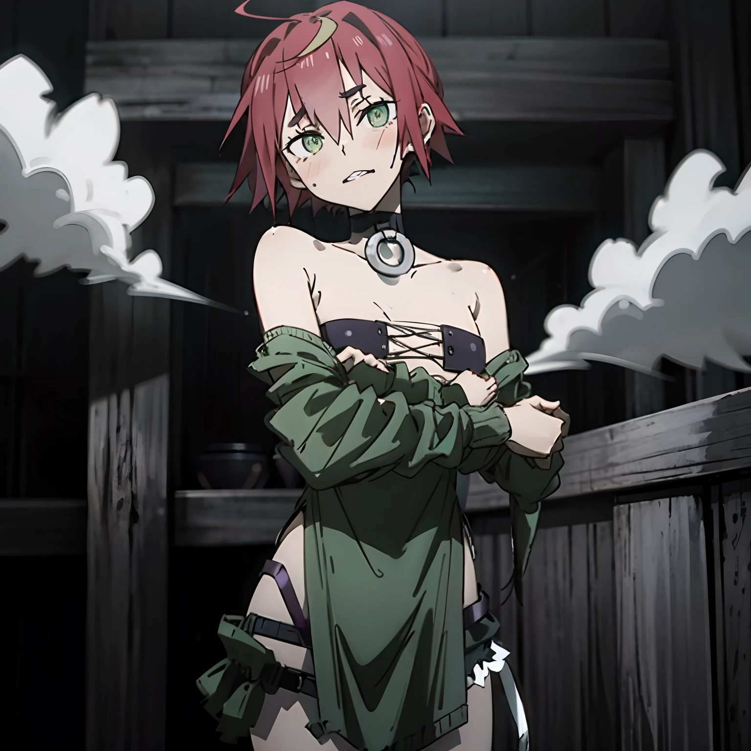 Natural Volumetric Lighting And Best Shadows, Deep Depth Of Field, Sharp Focus,1girl, solo, Terrible_Tornado,looking_at_viewer, blush, short_hair, bangs, green_hair, green_eyes,detailed eyes, collarbone, thighs, small_breasts, outdoors, parted_lips, green_hair, float, cloud, dark green dress, cloudy_sky, pelvic_curtain, side_slit, curly_hair, flipped_hair,