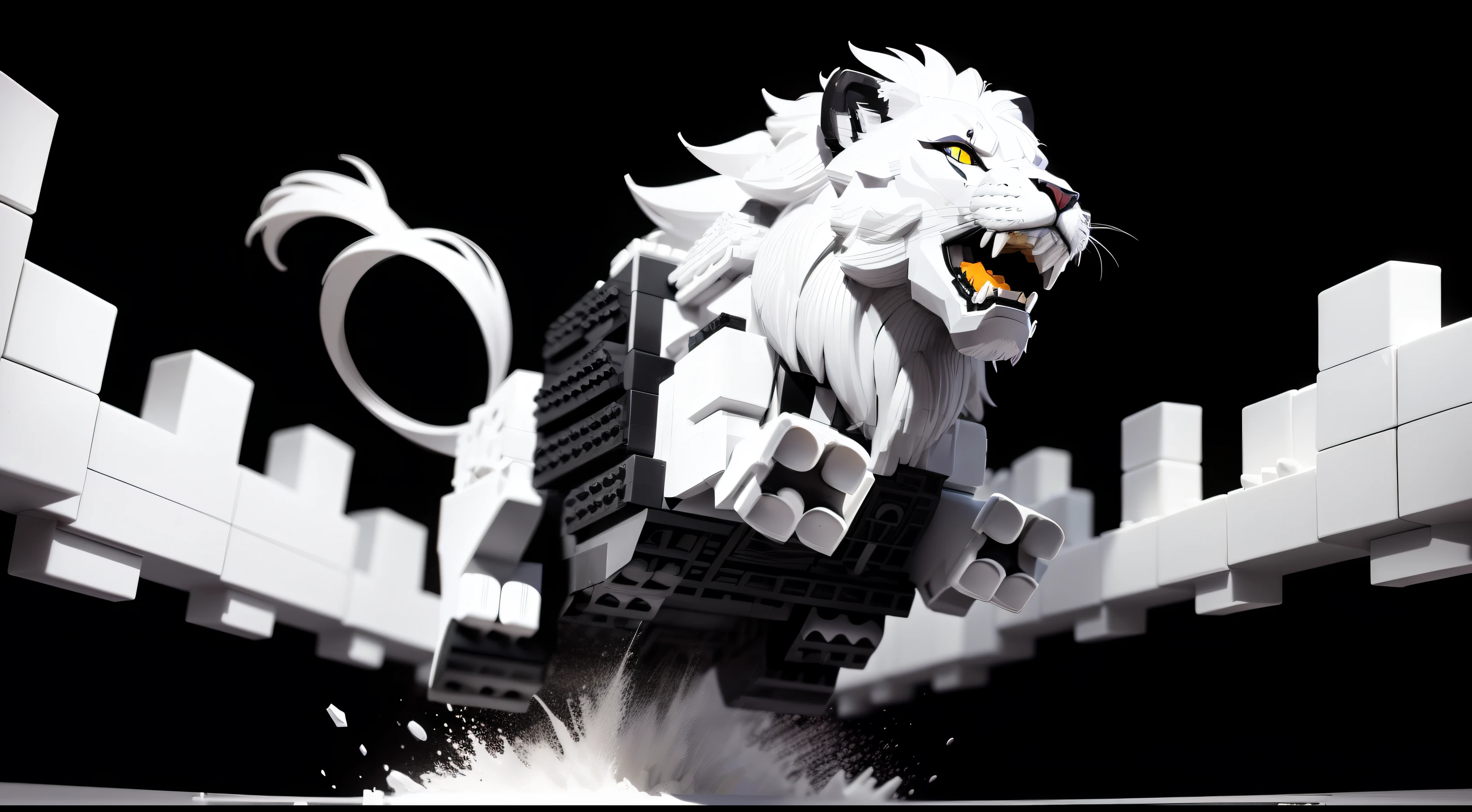 Black and white lion out of legos,jumping,happy ,at lego land ,its fine ink line art, black and white comic style, manga art style, black and white coloring , no gradient , vertor style ,funny , cute ,no gray colour , use one colour, white colour background ,party ,low poly, pixel art