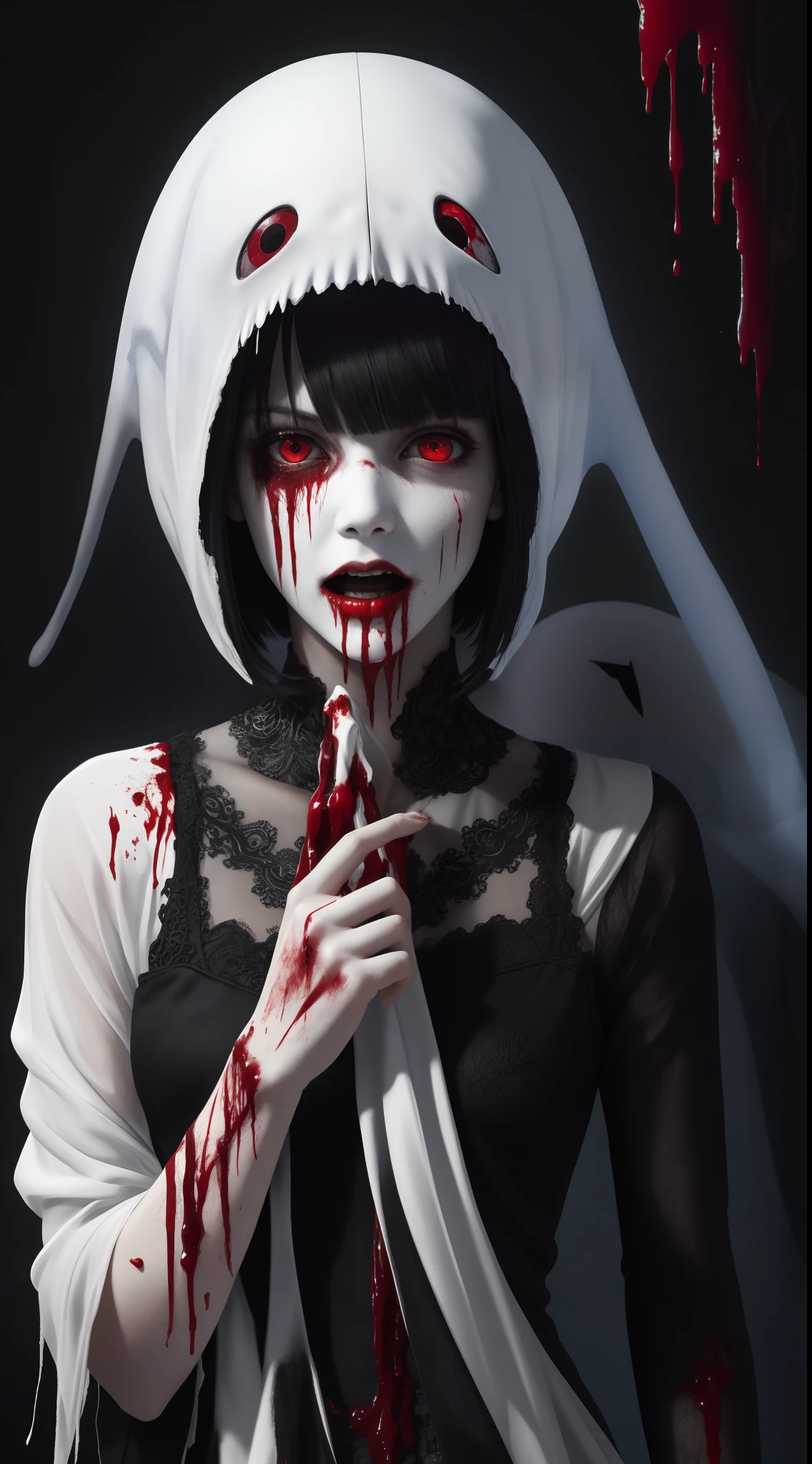 (masterpiece, best quality:1.2), cover image, splashed color background, highly detailed, colorful black, 1 girl, long silver hair, red eyes, blood on eye, head in the hand, short hair, blunt bangs, mannequin, cool face, ((( white sexy ghost))), illustration, horror art, dread, creepy, blood, blood eyes, gore, opened mouth, blood in mouth,