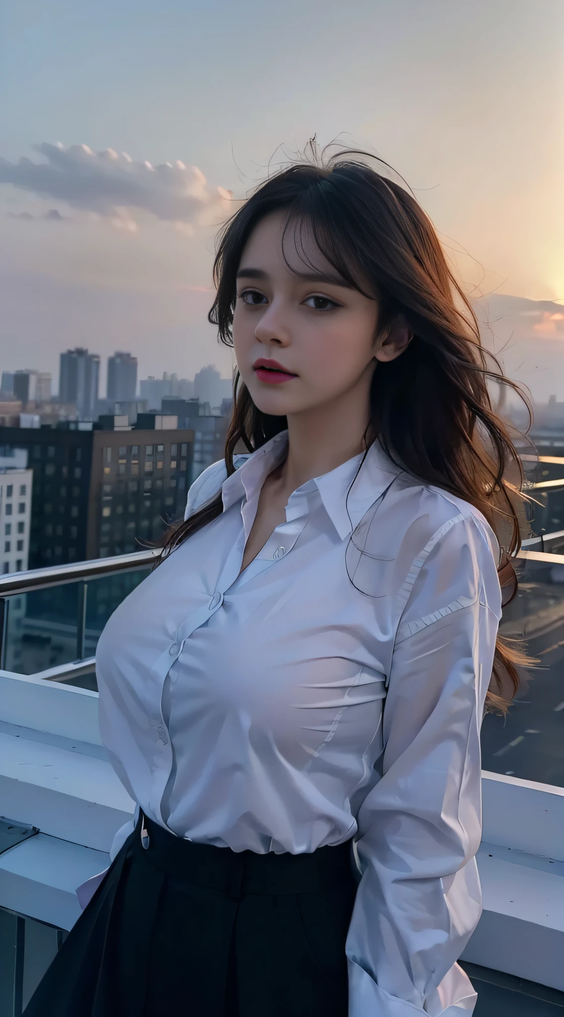 (((dasha taran2.0)))((rooftop in the dark2.0))(business button down long sleeve shirt1.8)(front view2.0)thick body:1.8,huge breasts:1.6,Loose and fluffy curls1.8,Bust-up photo2.0,