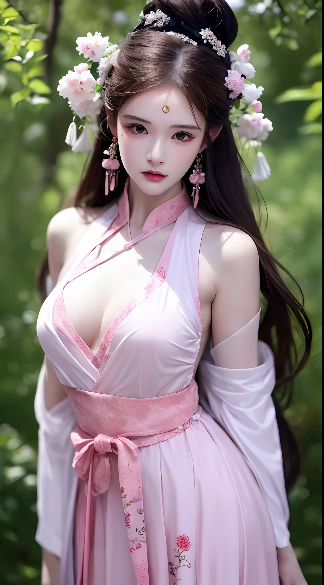 1 realistically beautiful girl, waist length hair, black eyes, ancient Ao Dai, style hanfu, wearing a thin silk shirt of ancient China, pink and smooth white skin, wearing a discreet ancient style ao dai, appears shoulders and head in the photo,cute little face, eye bags under wet makeup, plump red lips, pout, ((closed mouth:1.0)), balanced incisors, embarrassed, small face makeup detailed and very beautifull, The breasts are super round and tight, breast augmentation, blum boobs, Cover the girl's chest with a camisole inside, blush, from front, wear earrings, necklaces, from above, looking at viewer, upturned eyes, full body, masterpiece, top quality, best quality, official art, unity 8k wallpaper, highres, ultra-high res, ultra-detailed, (photorealistic:1.2), alone, solo, Only 1 girl, style hanfu Dunhuang, 10x pixels, super realistic, ultra high quality, full body view of the girl, upper body, 8k quality,