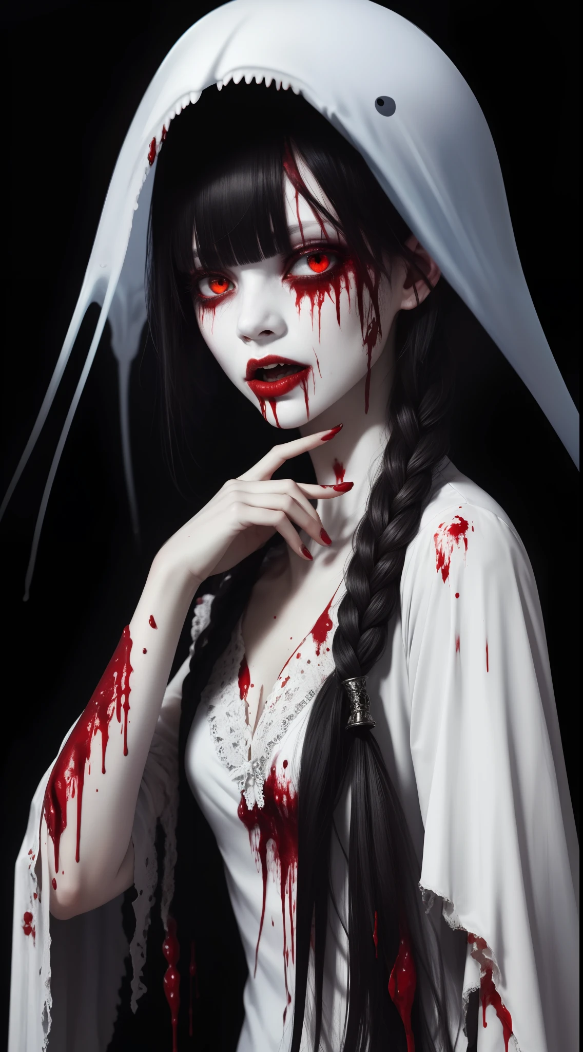 (masterpiece, best quality:1.2), cover image, splashed color background, highly detailed, colorful black, 1 girl, long silver hair, red eyes, blood on eye, head in the hand, short hair, blunt bangs, mannequin, cool face, ((( white sexy ghost))), illustration, horror art, dread, creepy, blood, blood eyes, gore, opened mouth, blood in mouth,