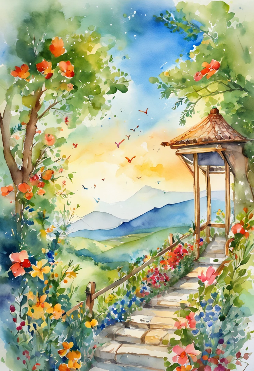 pastelcolor:1.3)、(cute illustration:1.3)、 Detailed background、beautiful with detail、moya、extremely colorful、marbled、Particles of Light、patterns、 Detailed drawing、Vibrant colors、Striking contrast、intricately details、Delicate depiction、glowing、 Illuminated by the morning light, (Dynamic Angle, shot from afar, Wide shot, in a panoramic view, Magnificent view:1.25)、 「That summer」If you call it, You will remember and start wearing a collar every summer