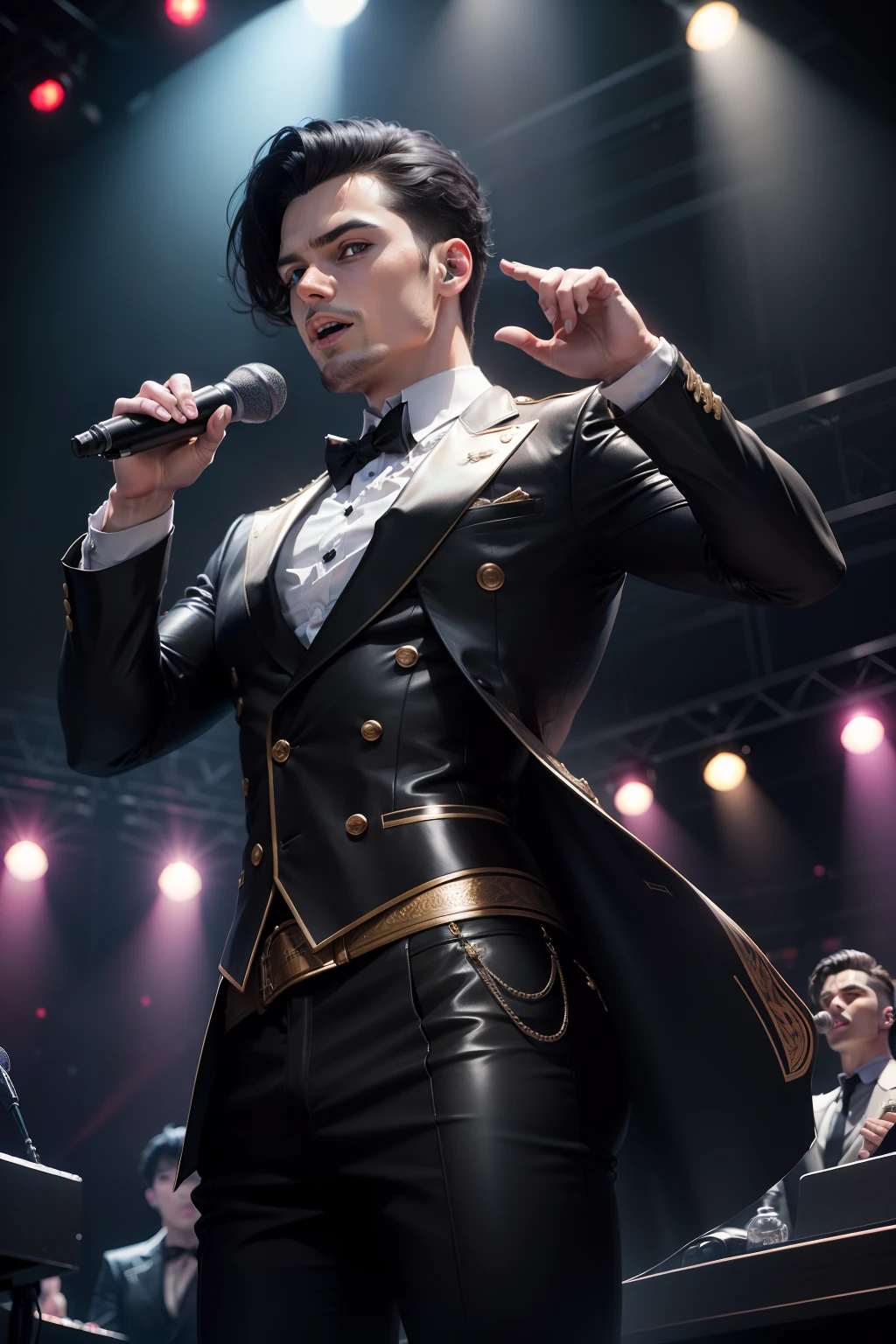 tmasterpiece,delicated,Male singer,holding microphone,Black hair,standing on your feet,looking at viewert,Concert,gym,full bodyesbian