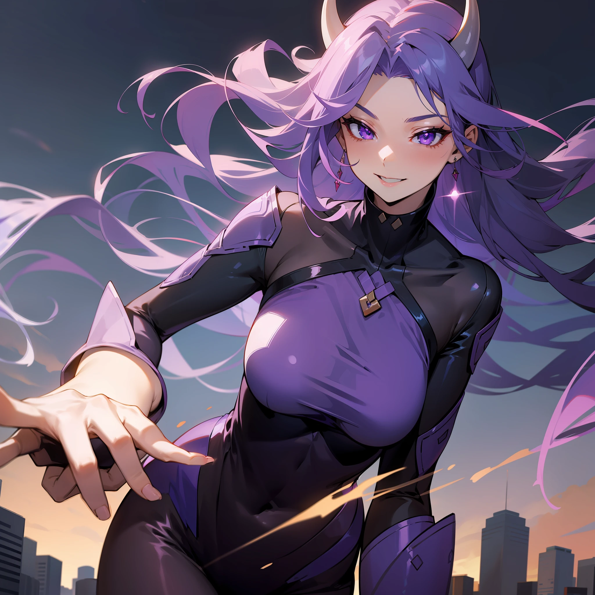 Girl, human, adult, long dark purple hair, purple eyes, tight clothes, cool, horns, beautiful, fashion, devilish smile, hot lady,