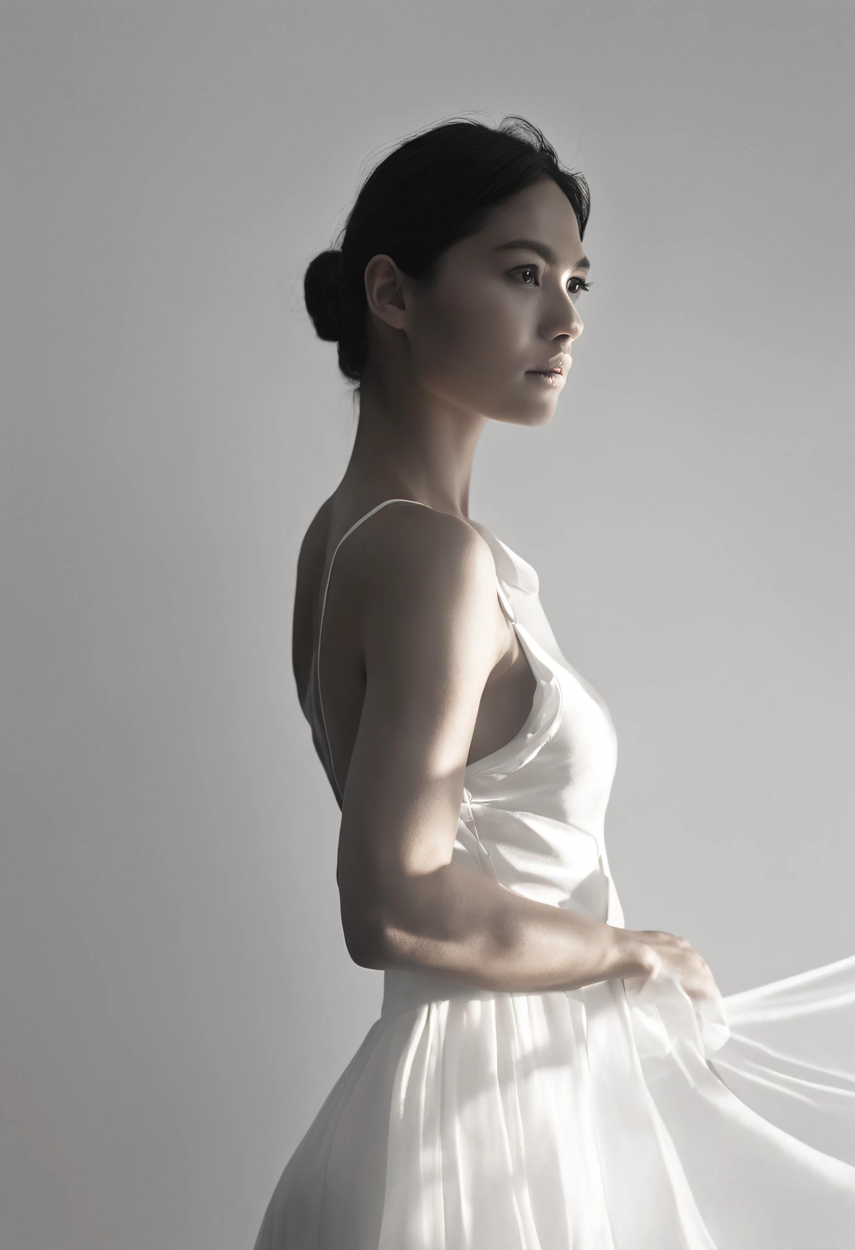 Master black-and-white photography masterpiece, young girl's side silhouette, back light forming body contour light, 35 micron lens, Nikon camera, upper body photo, minimalist style, ultra-high definition, ultra-fine section, extremely high resolution, UHD, 16k q2 --ar 2:3 --v 5