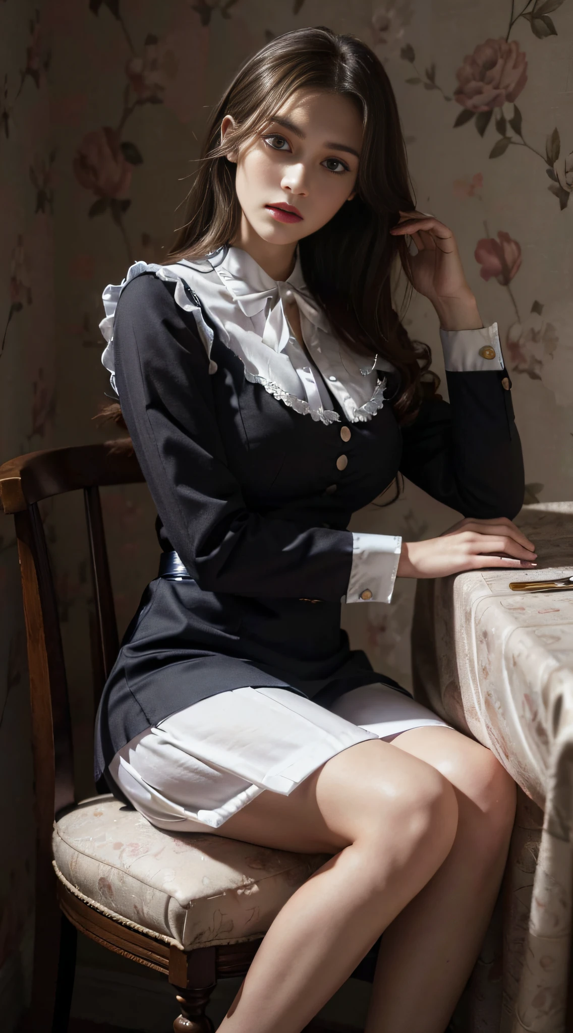 ((english maid uniform for women))(surreal), (illustration), (high resolution), (8K), (very detailed), (best illustration), (beautifully detailed eyes), (highest quality), ( very detailed), (masterpiece), (wallpaper), (detailed face), solo, (dynamic pose), 1 young virgin, girl wavy longhair on chair,Caucasian , small under eyes moles, long legs,((huge breasts))