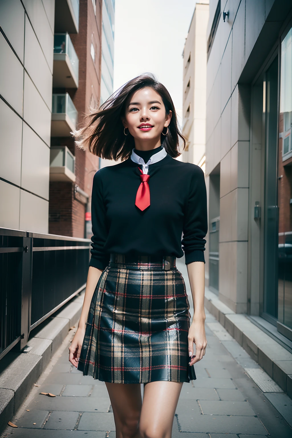 （8K分辨率，Photos above the knee in the distance，offcial art，Cover of a，（FashionMagCover：1.4），attention-grabbing，titles，typeface，Catchy，titles，more big，smart，modern day，），（1womanl，20yr old，（Facial features of Thai Min：1.8，s delicate face），Lovely face，com rosto detalhado，详细的脸，Jet-black slightly curly hair，（Fluffy and messy, with layers），Redlip，Fair smooth skin，（Fashionable casual womenswear：1.4，Black choker，black necktie，blue skirts，（sleevelessdress（thin and light，breathable），pleatedskirt（obi strip，Delicate satin），Cardigans，Short waist long version，collared shir，Formal shirts，校服，a skirt，Loose tie，plaid skirts，black lence stockings），Tall and tall，walk，Embrace nature，perfect hand，Ultra-fine clothing material），（Background in the city，Exquisite environmental details，MagazineCover：1.4），（exhilarated，confident smile，Rejoice），（profesional lighting，动态照明），（（Strong color contrast，（black in color，blue colors，red colour））），（Golden section，Cover of a，Hasselblad photograp，tmasterpiece：1.3），（trendsetting，focus-on，Fashionab，Dynamic street art，Art platform）