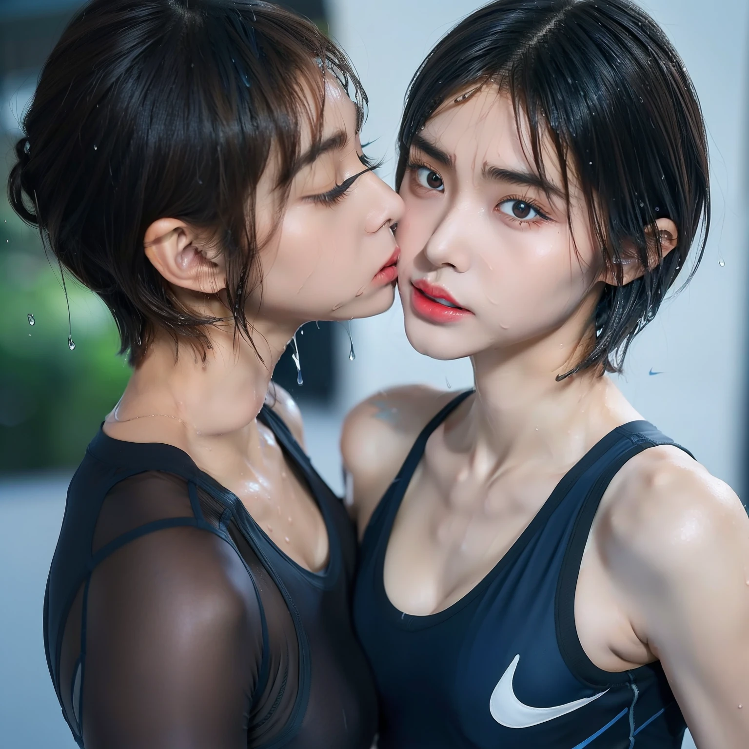 (2 girls:1.2), (a detailed full-body RAW photo of a girl), (masutepiece:1.0), (Best Quality:1.4), (超A high resolution:1.2), (Photorealistic:1.4), 8K resolution, Canon EOS R5, 30mm, absurderes, ultra-detailliert, (30 year old), Sharp Focus, Cinematic lighting, Detailed beautiful face, (no-makeup:1.2), (ulzzang -6500-v1.1), petite figure, Detailed skin texture, flat chest, (skinny and fit body:1.6), Detailed brown hair,  sweltering,(Very short hair:1.5), (Very thin dark blue Nike competitive sports bra and spandex tights:1.5), See-through, realistic glistening skin, (Sweating:1.5), detailed texture, (Japan athletes:1.5), (flat chest:1.5), (Erect nipples:1.2), (Wet body:1.5), (hug and Look at each other:1.5), (just before kissing but not touching:1.5), face flont, (just before kissing:1.5), rain
