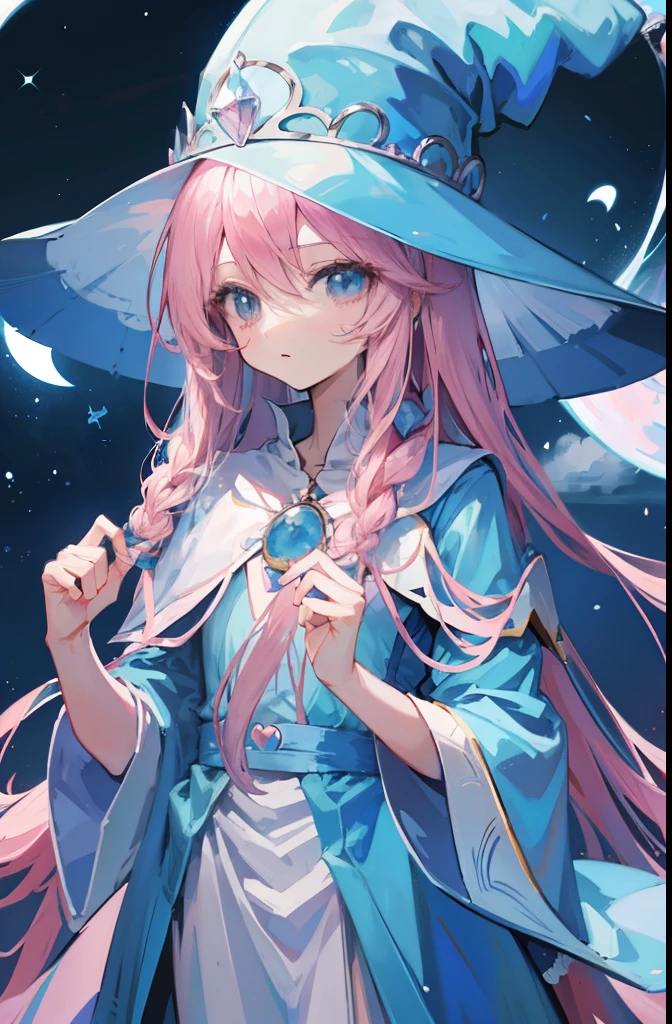 long light pink hair，Light sky blue magician hat，Light sky blue，Light pink magician set，A cute and cute girl