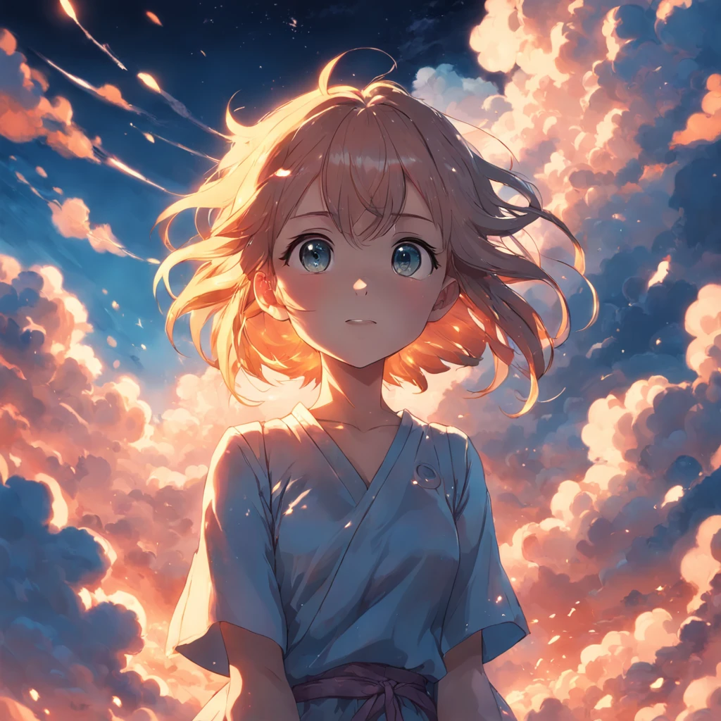 masterpiece, best quality, movie still, 1girl, cloud girl, floating in the sky, close-up, bright, happy, warm soft lighting, sunset, (sparks:0.7)