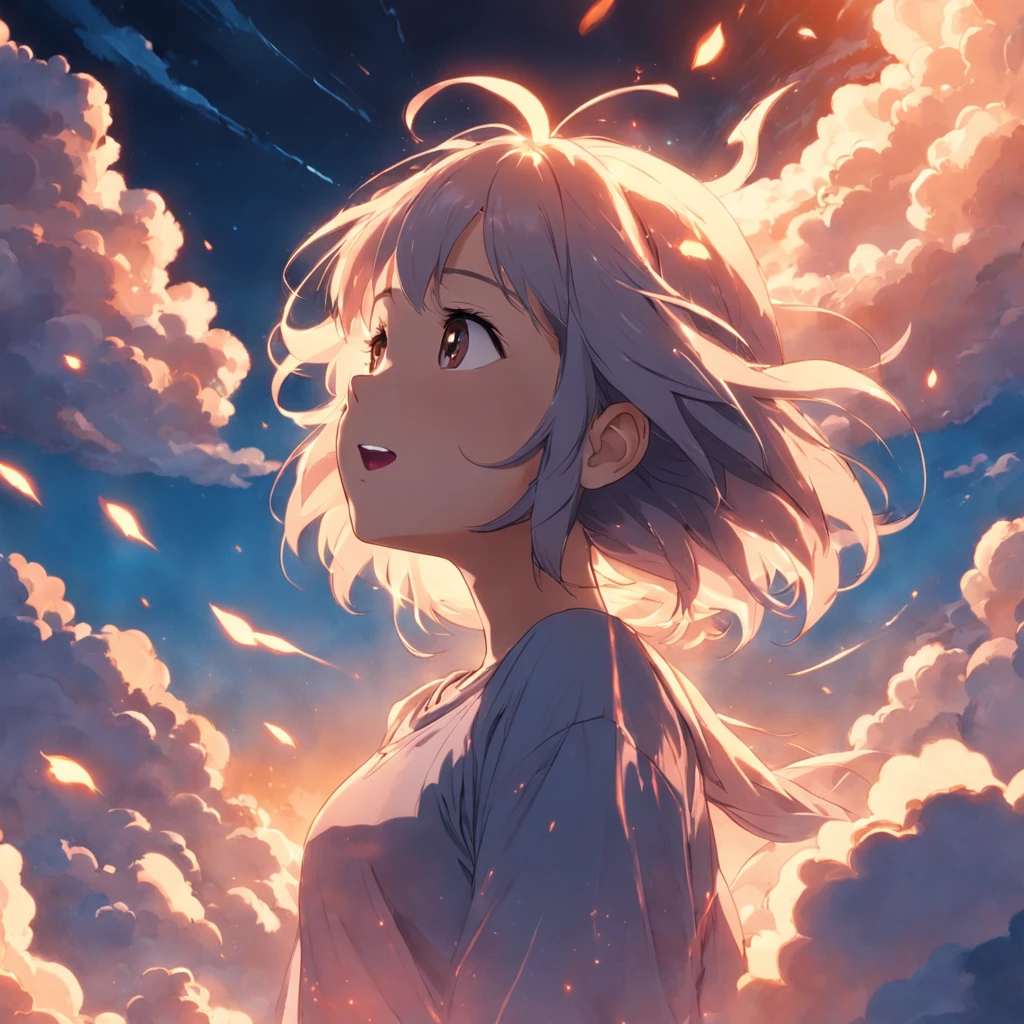 masterpiece, best quality, movie still, 1girl, cloud girl, floating in the sky, close-up, bright, happy, warm soft lighting, sunset, (sparks:0.7)