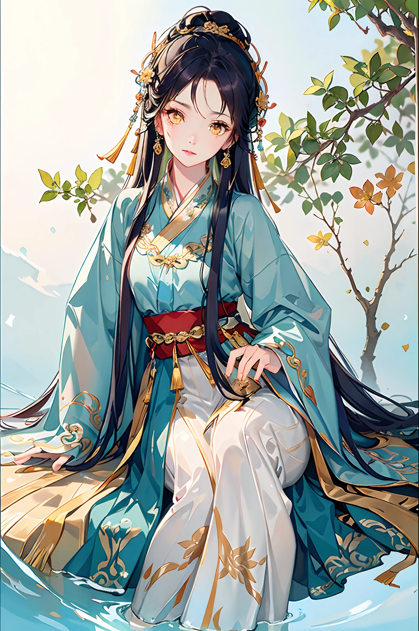 Best quality at best，Complicated details，A high resolution，（beautiful detailed  water：1.4），（Hanfu，Tang Feng），yellow eyes，（Girl in a glass jar：1.1