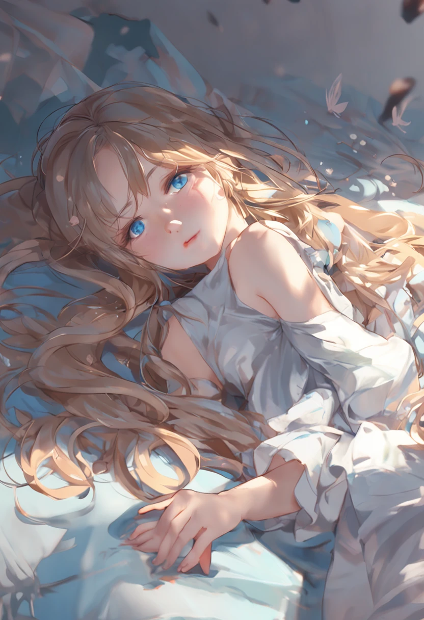Anime girl with long hair and blue eyes lying on the ground, Splash art anime Loli, anime visual of a cute girl, anime moe art style, trending on artstation pixiv, wallpaper anime blue water, Guweiz in Pixiv ArtStation, Soft anime illustration, Detailed digital anime art, clean and meticulous anime art, Guweiz on ArtStation Pixiv