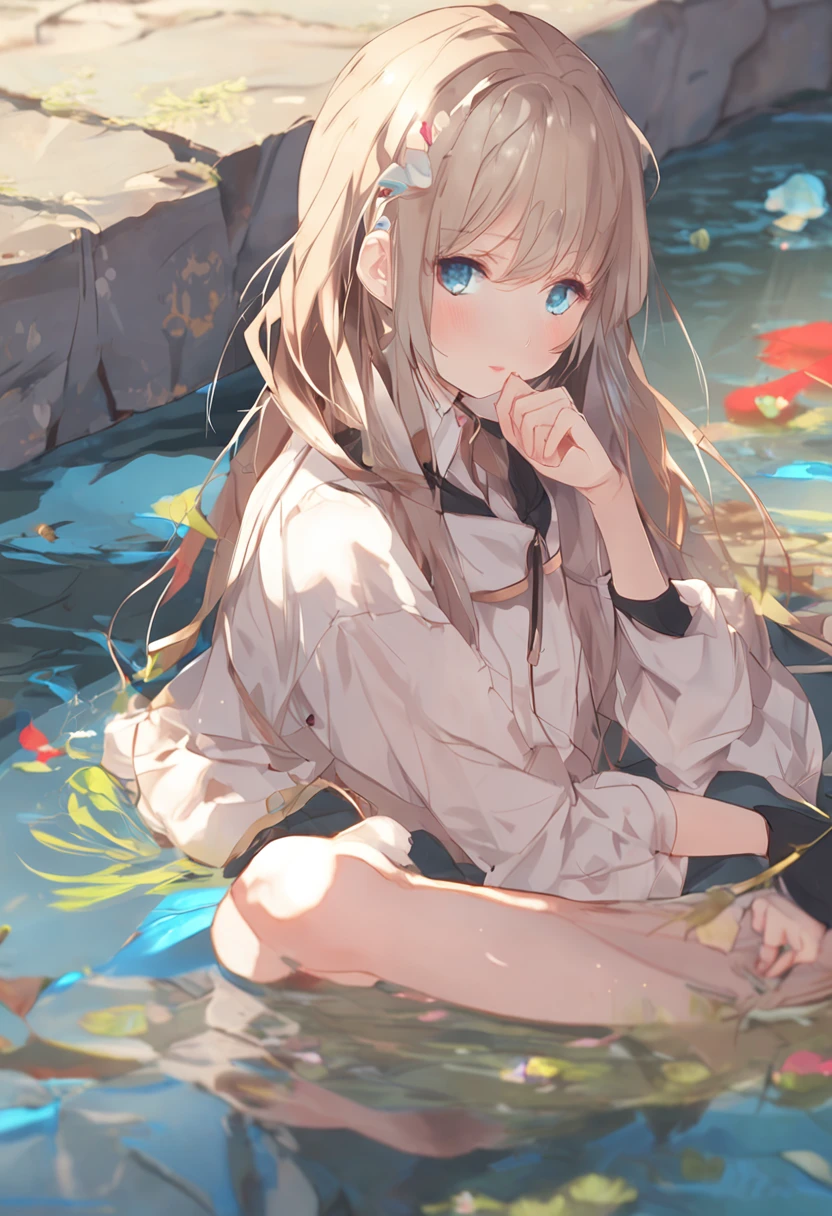 Anime girl with long hair and blue eyes lying on the ground, Splash art anime Loli, anime visual of a cute girl, anime moe art style, trending on artstation pixiv, wallpaper anime blue water, Guweiz in Pixiv ArtStation, Soft anime illustration, Detailed digital anime art, clean and meticulous anime art, Guweiz on ArtStation Pixiv