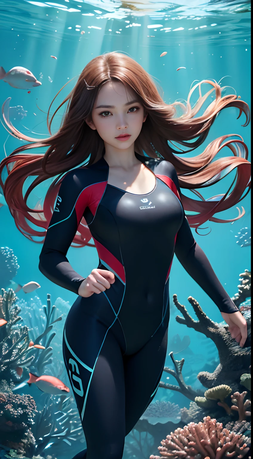 Solo, deep sea, coral reef, diving, wetsuit, fins, weightlessness, ((best quality, 8k, masterpiece: 1.3)), one woman, long hair, underwater photography, underwater perspective, underwater floating, breaststroke, cleavage