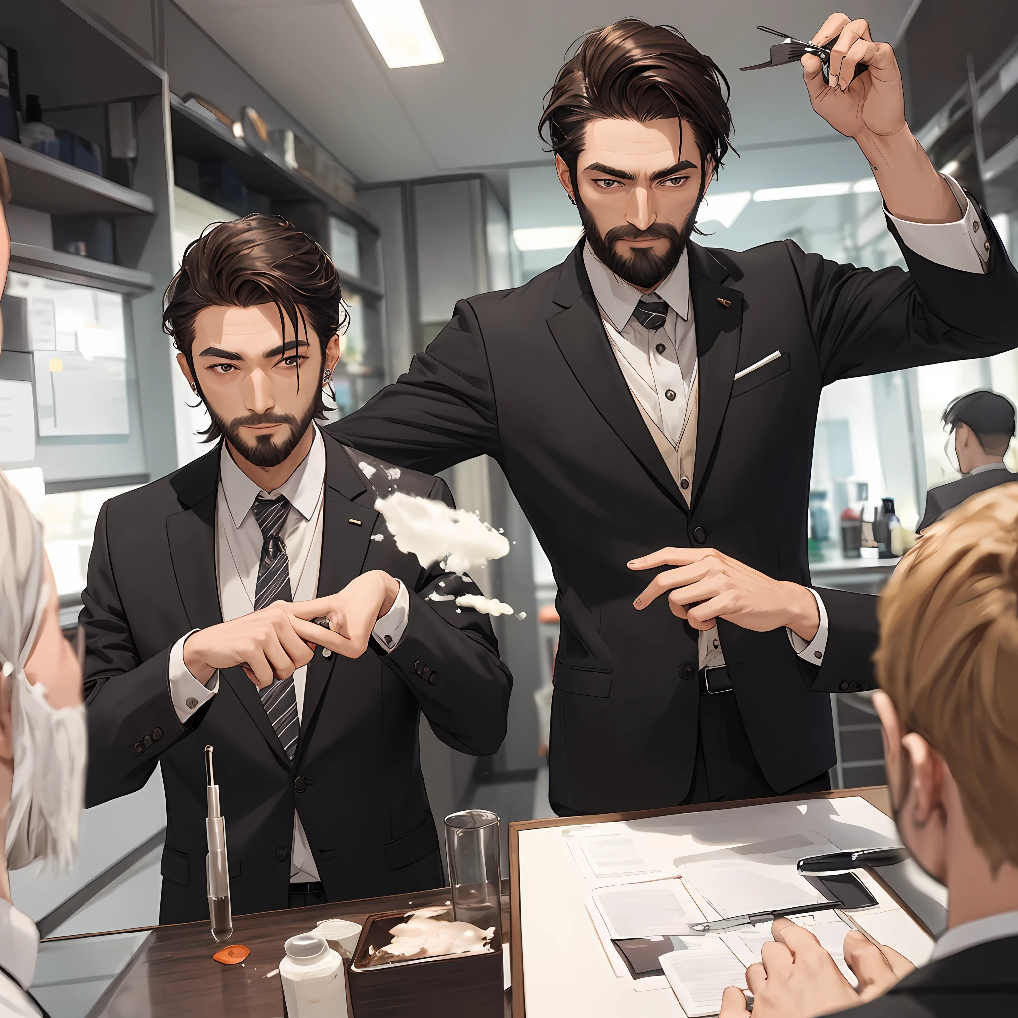 uncle,Beard scum,Handsome,年轻,Business suit,Personable,Brunette inches,White pick dye,ear studs,黑The eye