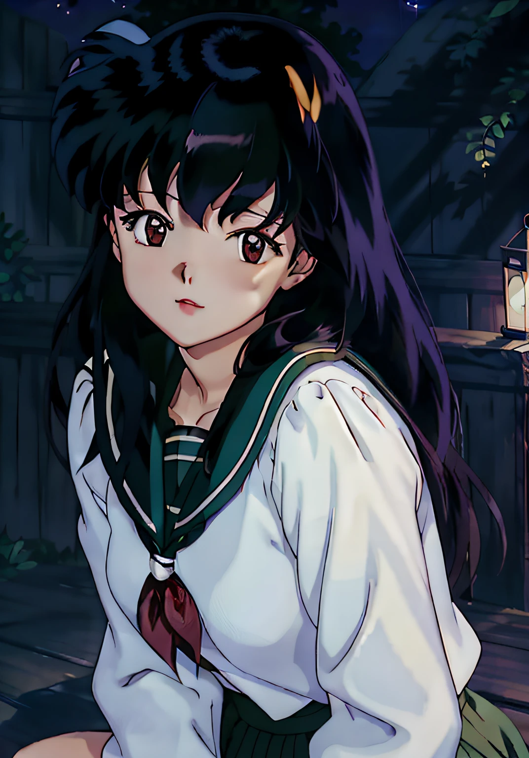 1girll, Kagome Higurashi, Brown eyes, full bodyesbian, Photorealistic, (Hyperrealistic:1.2), Perfect eyes, Perfect face, Perfect lighting, Outdoors, Warm colors, 浴室,, during night, winking, Lie down,