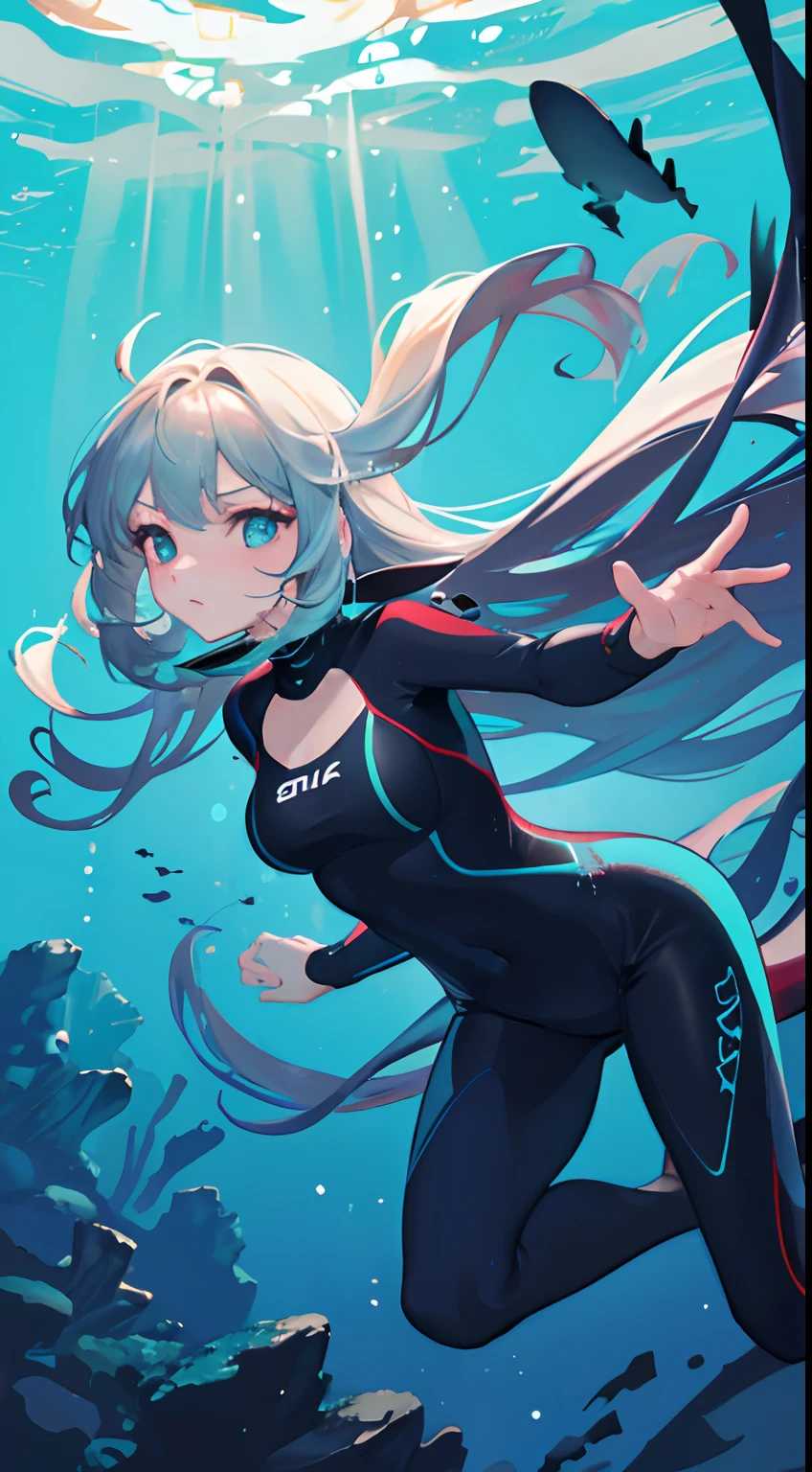 Solo, deep sea, coral reef, diving, wetsuit, fins, weightlessness, ((best quality, 8k, masterpiece: 1.3)), one woman, long hair, underwater photography, underwater perspective, underwater floating, breaststroke, cleavage