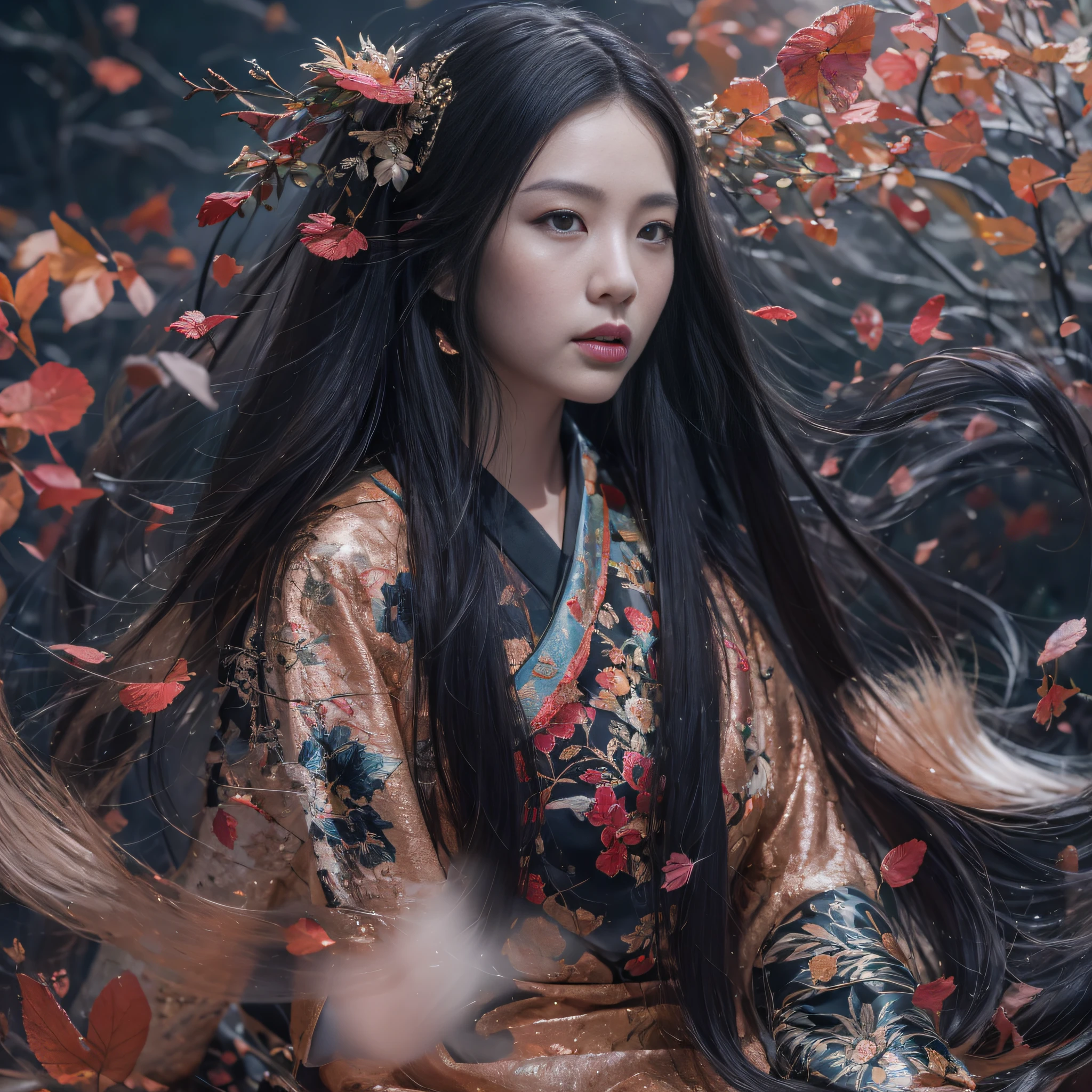 32K(tmasterpiece,k hd,hyper HD,32K)Long flowing black hair,ponds,zydink, a color, Asian people (Silly girl), (Silk scarf), Combat posture, looking at the ground, long whitr hair, Floating hair, Carp pattern headdress, Chinese long-sleeved clothing, (abstract ink splash:1.2), Pink petal background,Daisies fly(realisticlying:1.4),Black color hair,Fallen leaves flutter,The background is pure, A high resolution, the detail, RAW photogr, Sharp Re, Nikon D850 Film Stock Photo by Jefferies Lee 4 Kodak Portra 400 Camera F1.6 shots, Rich colors, ultra-realistic vivid textures, Dramatic lighting, Unreal Engine Art Station Trend, cinestir 800,Long flowing black hair