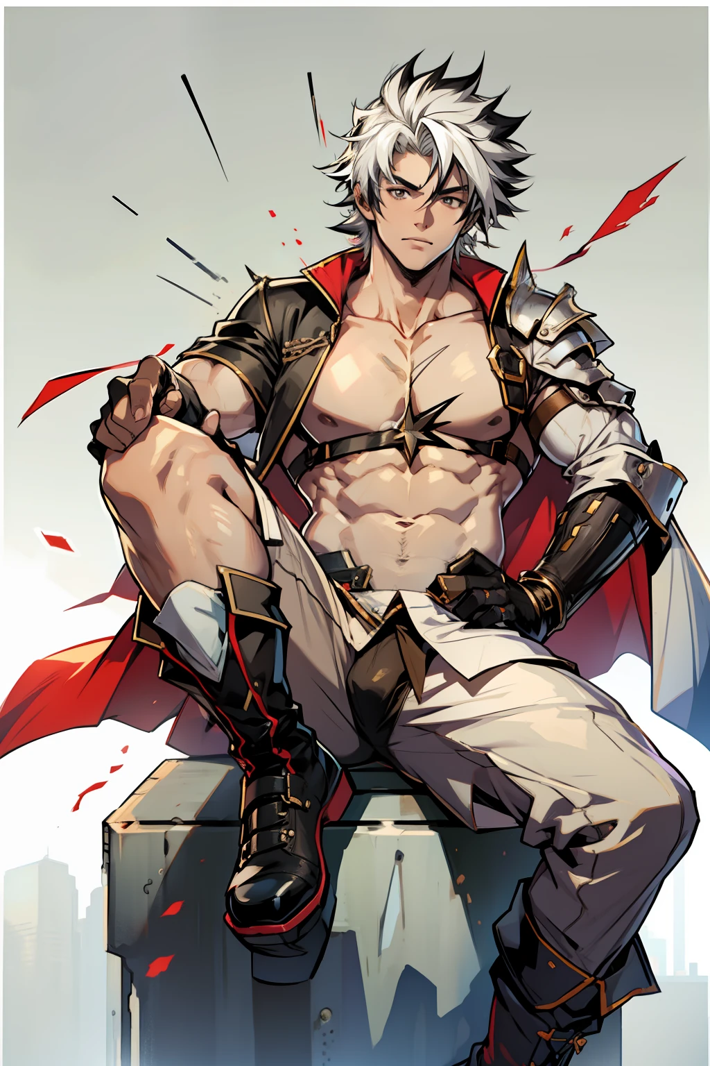 Highest image quality，male people，child，1 boy，Young and handsome，shoun，White color hair，Short flat top hair，Dark  skin，anime big breast，anime wallpaper，Solo，malefocus，Briefs，Dilation of the pectoral muscles，Red cape，Bulging crotch，Urban background，spread their legs，Sexy,(Masterpiece, Best quality),Long white socks，Red Martin boots，