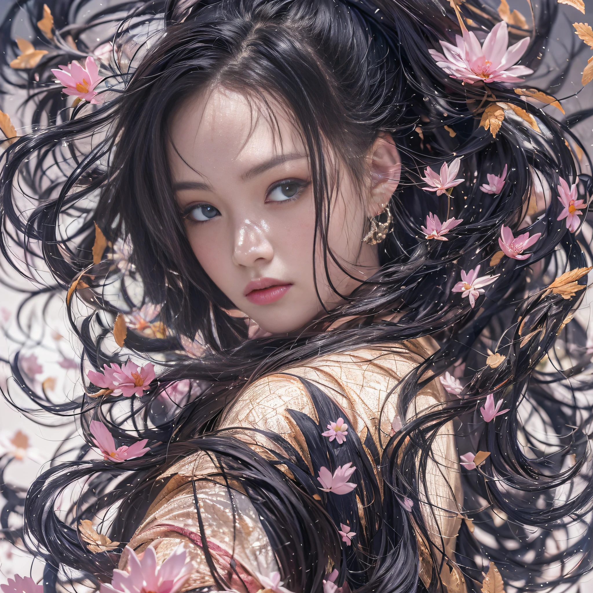 32K(tmasterpiece,k hd,hyper HD,32K)Long flowing black hair,ponds,zydink, a color, Asian people (Silly girl), (Silk scarf), Combat posture, looking at the ground, long whitr hair, Floating hair, Carp pattern headdress, Chinese long-sleeved clothing, (abstract ink splash:1.2), Pink petal background,Daisies fly(realisticlying:1.4),Black color hair,Fallen leaves flutter,The background is pure, A high resolution, the detail, RAW photogr, Sharp Re, Nikon D850 Film Stock Photo by Jefferies Lee 4 Kodak Portra 400 Camera F1.6 shots, Rich colors, ultra-realistic vivid textures, Dramatic lighting, Unreal Engine Art Station Trend, cinestir 800,Long flowing black hair
