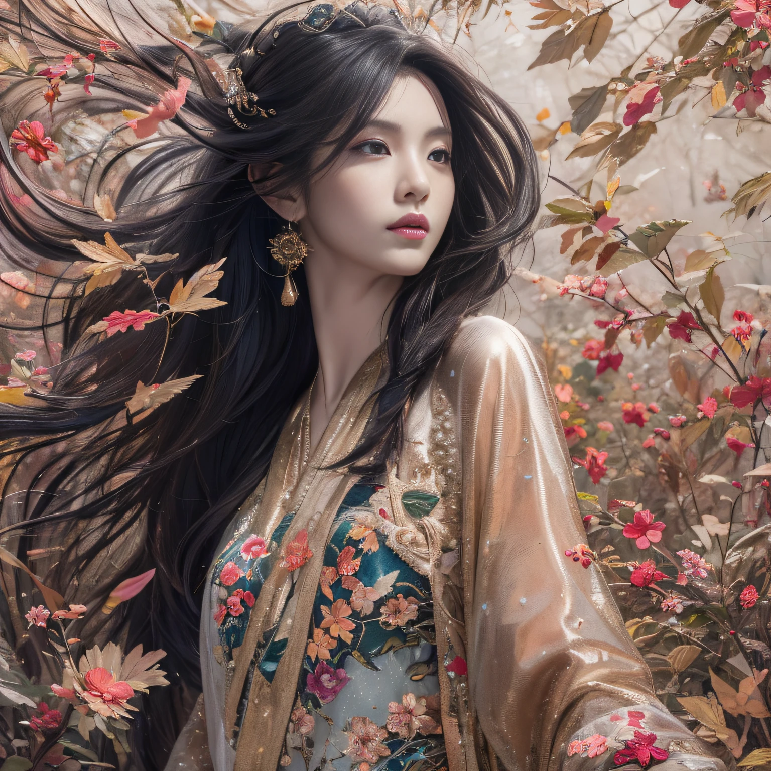 32K(tmasterpiece,k hd,hyper HD,32K)Long flowing black hair,ponds,zydink, a color, Asian people (Silly girl), (Silk scarf), Combat posture, looking at the ground, long whitr hair, Floating hair, Carp pattern headdress, Chinese long-sleeved clothing, (abstract ink splash:1.2), Pink petal background,Daisies fly(realisticlying:1.4),Black color hair,Fallen leaves flutter,The background is pure, A high resolution, the detail, RAW photogr, Sharp Re, Nikon D850 Film Stock Photo by Jefferies Lee 4 Kodak Portra 400 Camera F1.6 shots, Rich colors, ultra-realistic vivid textures, Dramatic lighting, Unreal Engine Art Station Trend, cinestir 800,Long flowing black hair