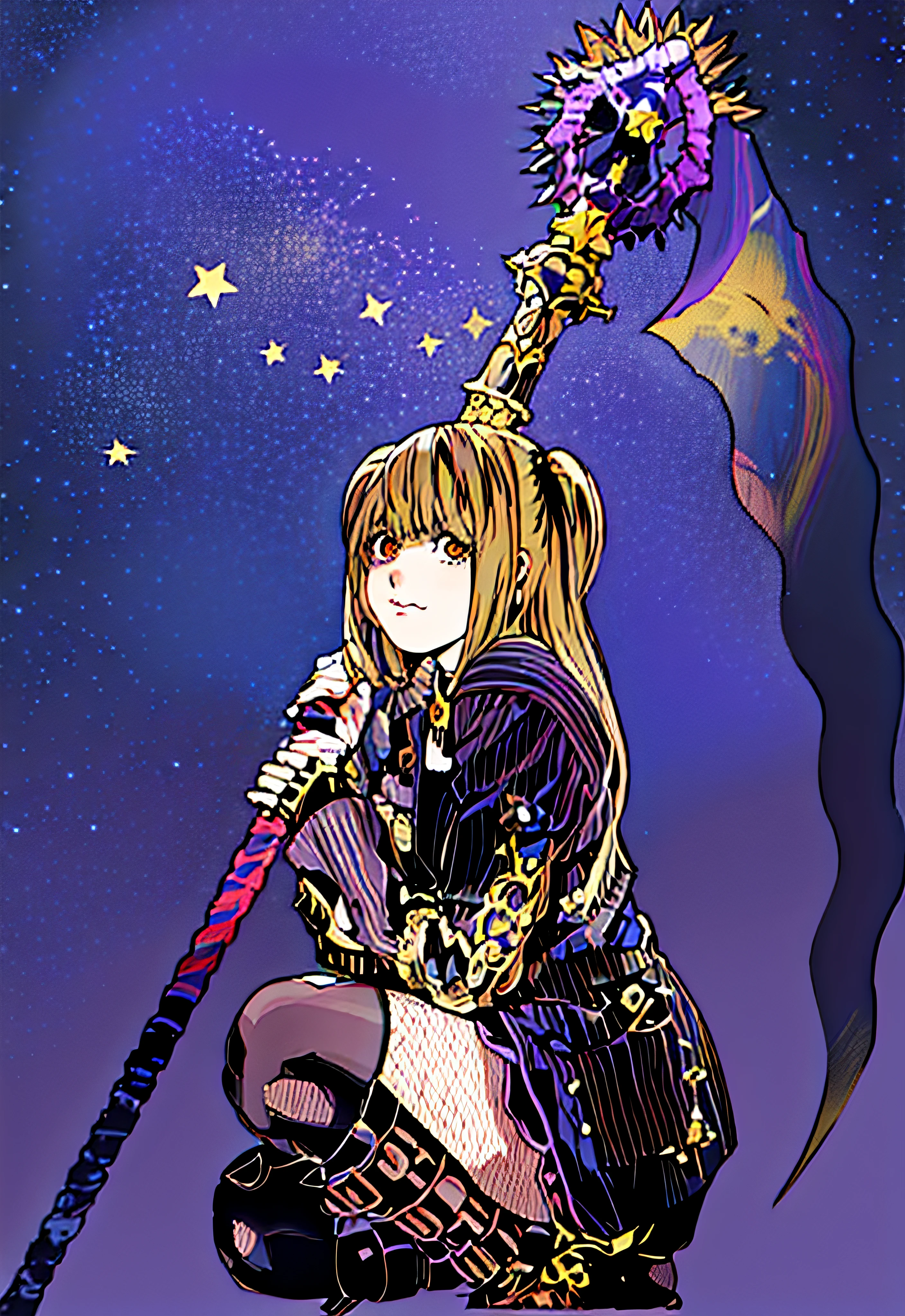 A woman with a sword and a star on her head, misa amane *, ( ( misa amane # ) ), misa amane, by amano, inspired by Yoshitaka Amano, yoshitaka amano style, style of yoshitaka amano, by Yoshitaka Amano