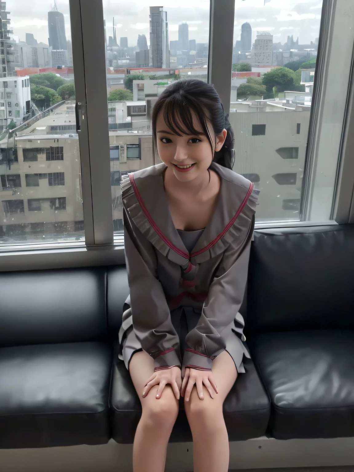 (Highly detailed 8k wallpaper), graphics beautiful, (1girl), sharp focus, detailed, dramatic, delicate and beautiful young girl, age 16, (slim face, slender body, Slim legs), (perky uplifted breasts), cleavage, long hair cascading behind her both ears, (wearing school uniform), (sitting sofa), (sofa by window), (leaning body forward:1.5), (downblouse:1.5), (smile:1.1), blush, (in high-rise building, Modern office with a city skyline view:1.5), (Full Glass Wide Window:1.5), (3/4 body), dynamic angle, looking at vewer,