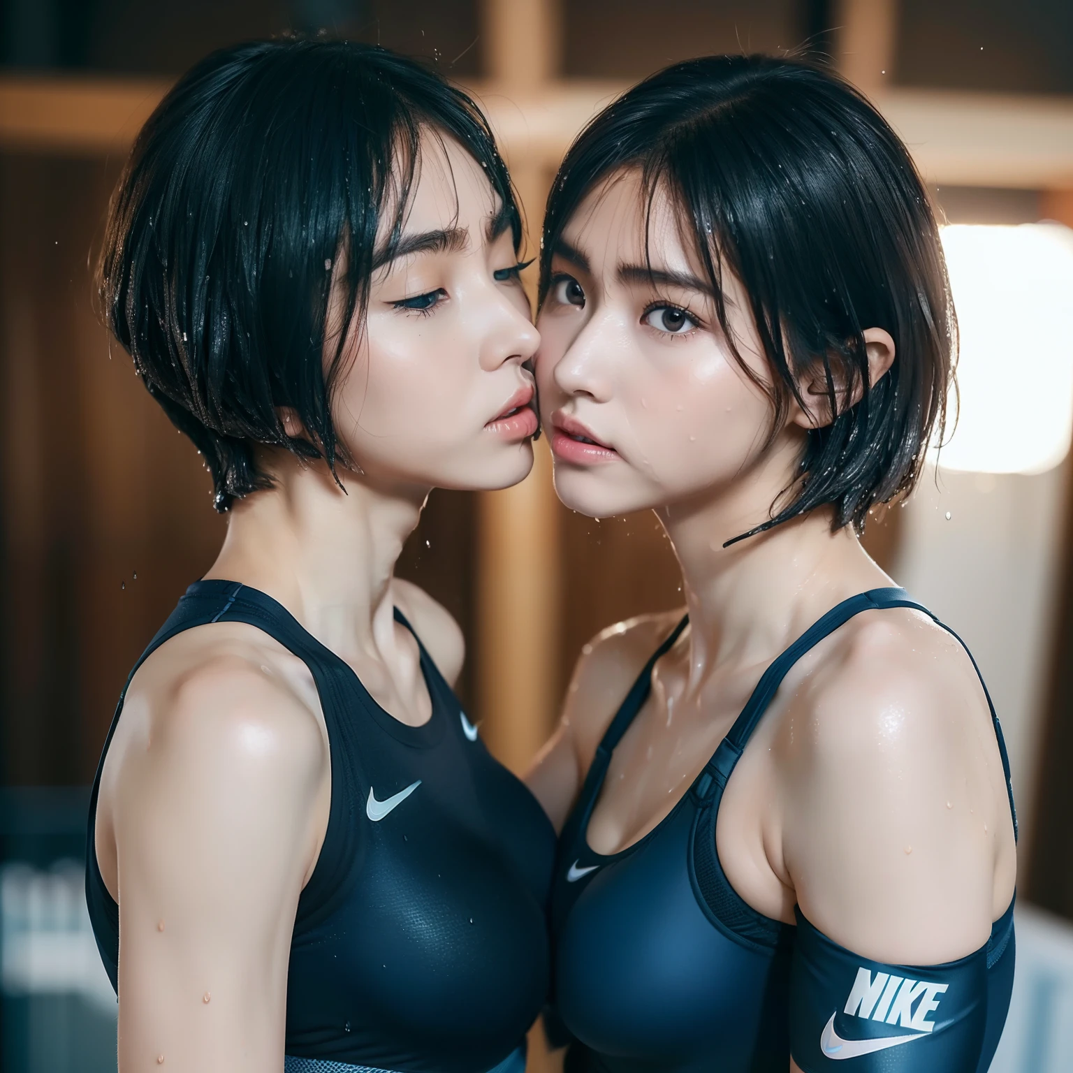 (2 girls:1.2), (a detailed full-body RAW photo of a girl), (masutepiece:1.0), (Best Quality:1.4), (超A high resolution:1.2), (Photorealistic:1.4), 8K resolution, Canon EOS R5, 30mm, absurderes, ultra-detailliert, (30 year old), Sharp Focus, Cinematic lighting, Detailed beautiful face, (no-makeup:1.2), (ulzzang -6500-v1.1), petite figure, Detailed skin texture, flat chest, (skinny and fit body:1.6), Detailed brown hair, sweltering,(Very short hair:1.5), (Very thin dark blue Nike competitive sports bra and spandex tights:1.5), See-through, realistic glistening skin, (Sweating:1.5), detailed texture, (Japan athletes:1.5), (flat chest:1.5), (Erect nipples:1.2), (Wet body:1.5), (hug and Look at each other:1.5), (just before kissing but not touching:1.5), face flont, (just before kissing:1.5), rain