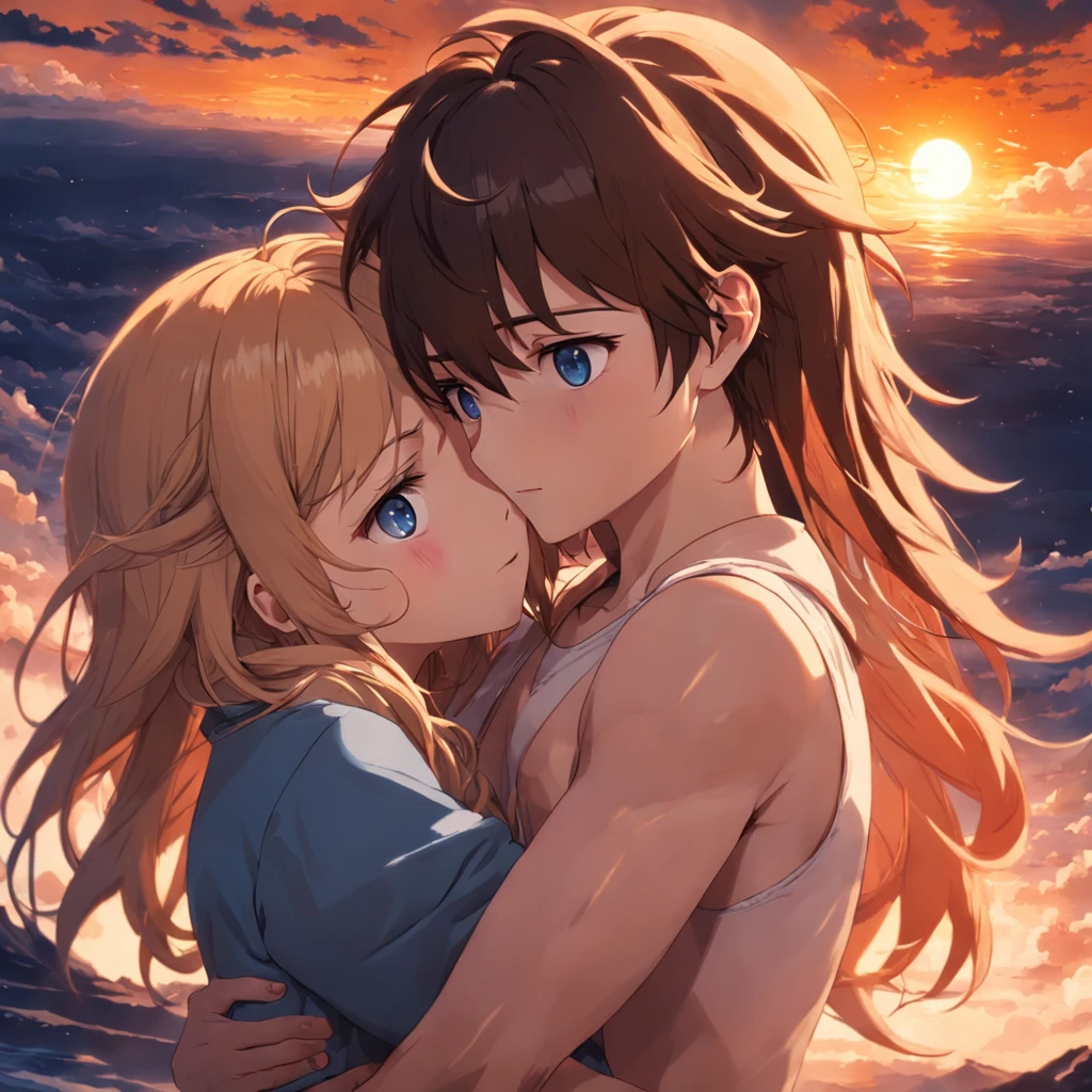 tmasterpiece,best qualtiy,cinematic Film still from,1girl,Cloud boy and girl hug,Floating in the sky,closeup cleavage,brightly,cheerfulness,Warm and soft lighting,the sunset