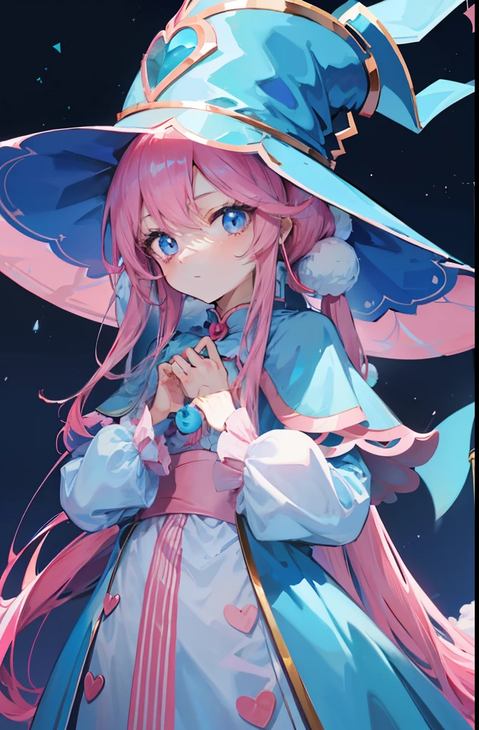 Pink Long Hair,Light sky blue magician hat,Light sky blue and light pink magician set,She is a cute and cute sweet girl,Milk fierce milk fierce