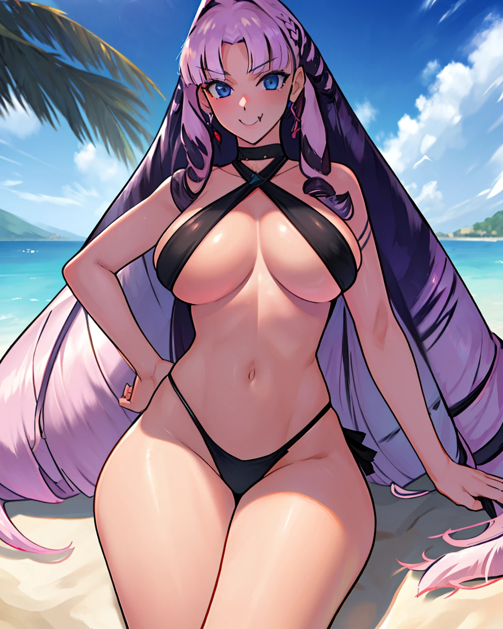 ultra realistic 8k cg, picture-perfect face, flawless, clean, masterpiece, professional artwork, famous artwork, cinematic lighting, cinematic bloom, perfect face, beautiful face, beautiful eyes, perfect body, 1girl, Afro-Brazilians thin woman wearing (sling_bikini_top) at the beach sunbathing, bikini, Fujido Oriko, blue eyes, cowboy shot, drill hair, fang, large breasts, long hair, purple hair, white hair, 1girl, masterpiece, best quality, highly detailed