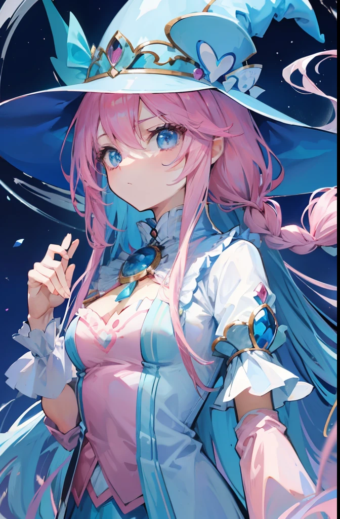 Pink Long Hair,Light sky blue magician hat,Light sky blue and light pink magician set,She is a cute and cute sweet girl,Milk fierce milk fierce