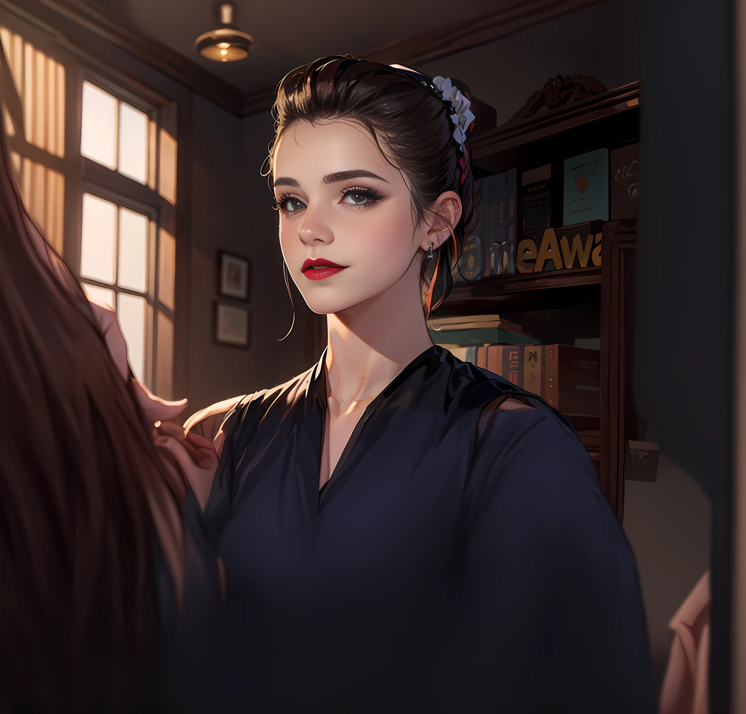 there is a woman that is looking at a mirror in a room, realistic artstyle, artwork in the style of guweiz, artgerm portrait, detailed beautiful portrait, ig model | artgerm, smooth anime cg art, detailed character portrait, painted in anime painter studio, in the art style of bowater, cgsociety portrait, detailed portrait of anime girl